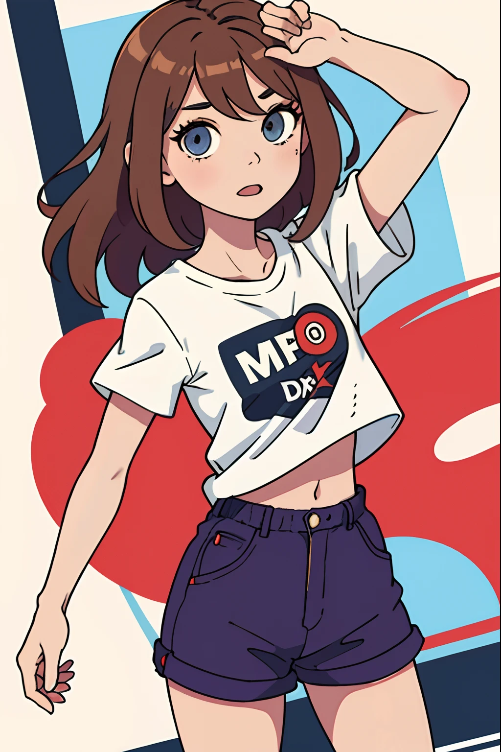 ,La mejor calidad ,pelo largo muy flaco , Caucasian anime girl max caulfield ,ojos grandes , Borrosa, , brown hair , feliz , , piel suave, , ojos expresivos , , , Camiseta roja de manga larga, short pants