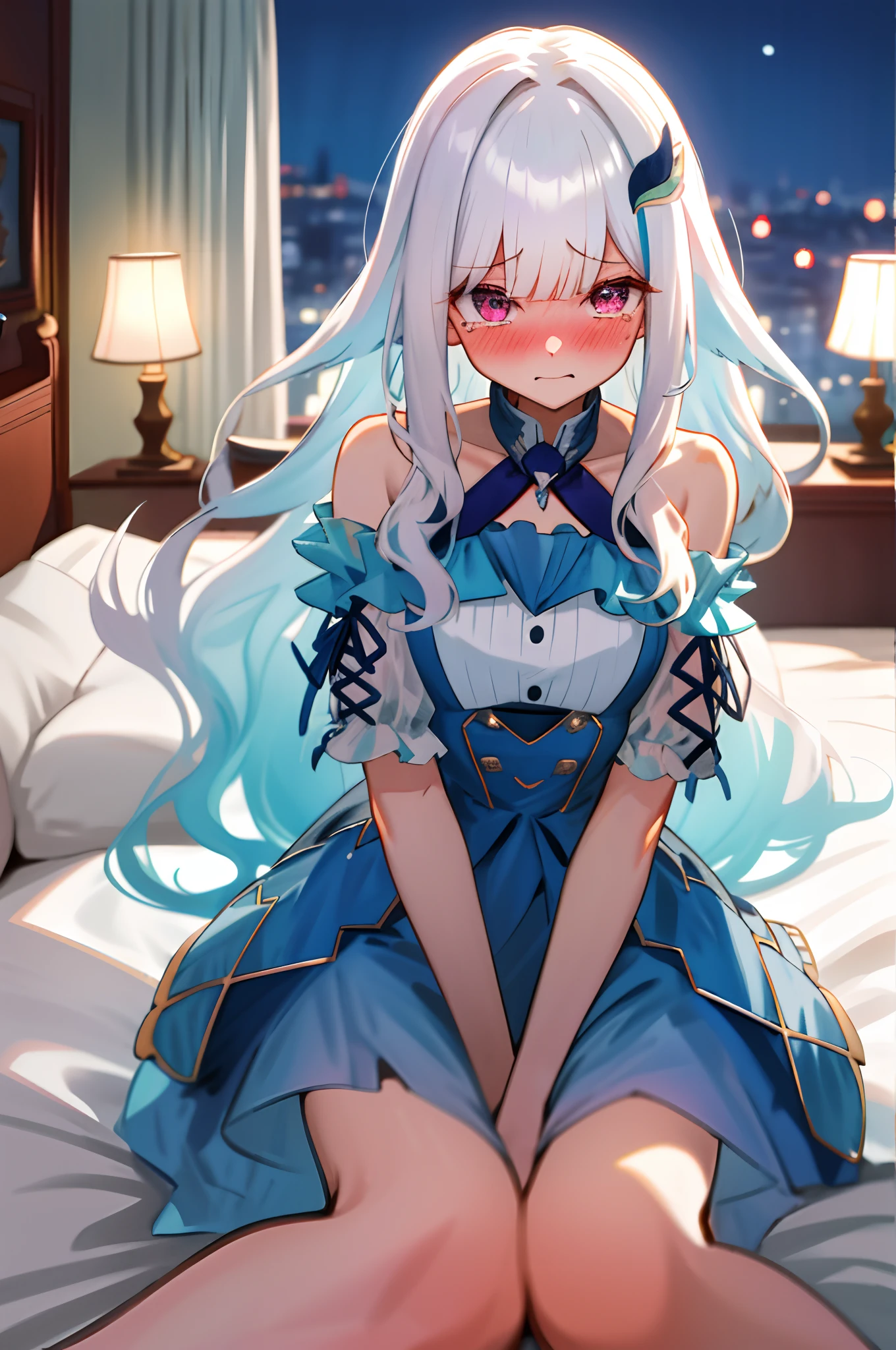 One girl with long wavy hair, white hair, looking at viewer, embarrassed, blushing, tears, indoor , dress, bare shoulder, perfect waist, bed, sit on, spread legs, night atmosphere, hair ornament, kneeling pose