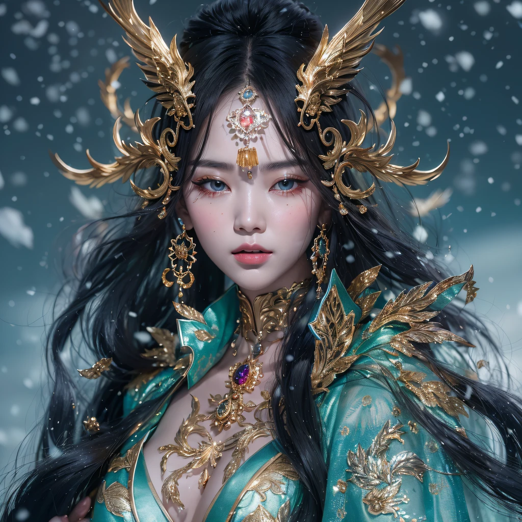 Flying Nine-Tailed Light Blue Sky Division Flame Long-haired Fox Star，een Erotica，Torch night black golden orange brocade silk snake print silk pants，Rouge diamond tulle sheer lizard-patterned leggings，Fat Girl Space Fly in the Snow 1:900 miniatures，Front view，Pure transparency，Wear boxing gloves，Wear thick-framed reflective sunglasses with gold wire，Panorama ultra-wide angle，extremely happy，The texture of the real person is delicate，Strong visual impact，hyper-detailing，Dream girl，Refined face，prettyeyes，Hair strands float in the air， cherry Models，Zhou Xiaotong，crystal-clear，Good sense of perspective，Light and shadow effects，16K smooth，Surface reflected light，Flowing black hair，Water Goddess 32K，复杂，ellegance，highly  detailed，A majestic，Digital photography，Autumn cowboy shot，surrealism painting，Broken rubies，Beating magic，Entwined water magic，（tmasterpiece，Cinematic light，Fine beautiful eyes：1.2），hdr，Void 5 Energy Storm，(China 1 girl，Black eyes:1.5），Rouge skin，Glowing skin，(sitting on the stone：1.5），delicated face，Black color hair，Put on palatial gold armor，cropped shoulders，，short  skirt，Beautiful golden armor，Rained，big breasts beautiful，looking at viewert，Face away from the camera，tmasterpiece，Lateral face,Side portrait close-up