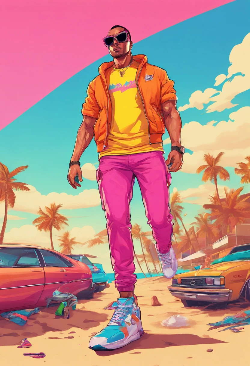 Masterpiece, Best Quality, suntanned skin, looking a viewer, sports clothing, leggins, walking on the beach , in sneakers, Simple background with logo, From Bottom, BROKEN SUNGLASSES , Torn jeans
