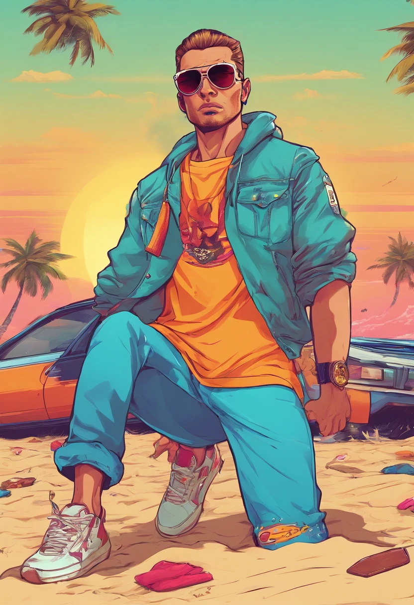 Masterpiece, Best Quality, suntanned skin, looking a viewer, sports clothing, leggins, walking on the beach , in sneakers, Simple background with logo, From Bottom, BROKEN SUNGLASSES , Torn jeans