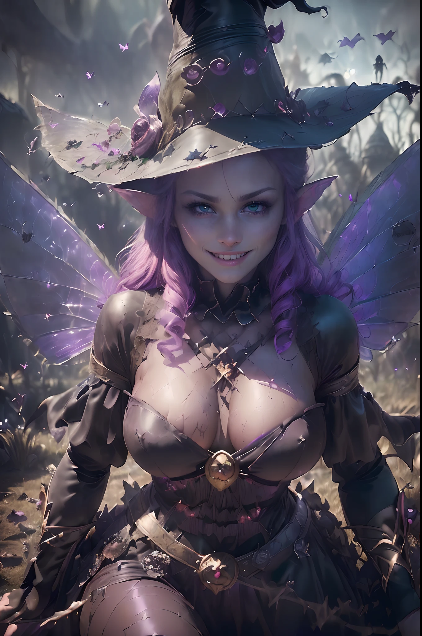 (hyper realistic:1.7), (realistic:1.7), (best quality real texture skin:1.7), (Beautiful Fairy warlock:1.7), (Absurd, High quality, Ultra-detailed, Masterpiece, smooth, high detail photografy, Hyper-realistic photografy ) 1girl (wearing a faery cosplay:1.7), (faery wings:1.8), (large moth wings:2.2, (battlefield full of the dead:1.7), (battlefield in the background:1.7), She wears a purple silk dress with black details. (The atmosphere of the scene is dark:1.7), (little devilish fairies flying around:1.5) red hair, curly hair, big hair, (witch hat:1.7), longeyelashes, (evil smile:1.7), excited, high detail, Hyperrealism, glowing light, reflection light, masterpiece, super detail, 16k