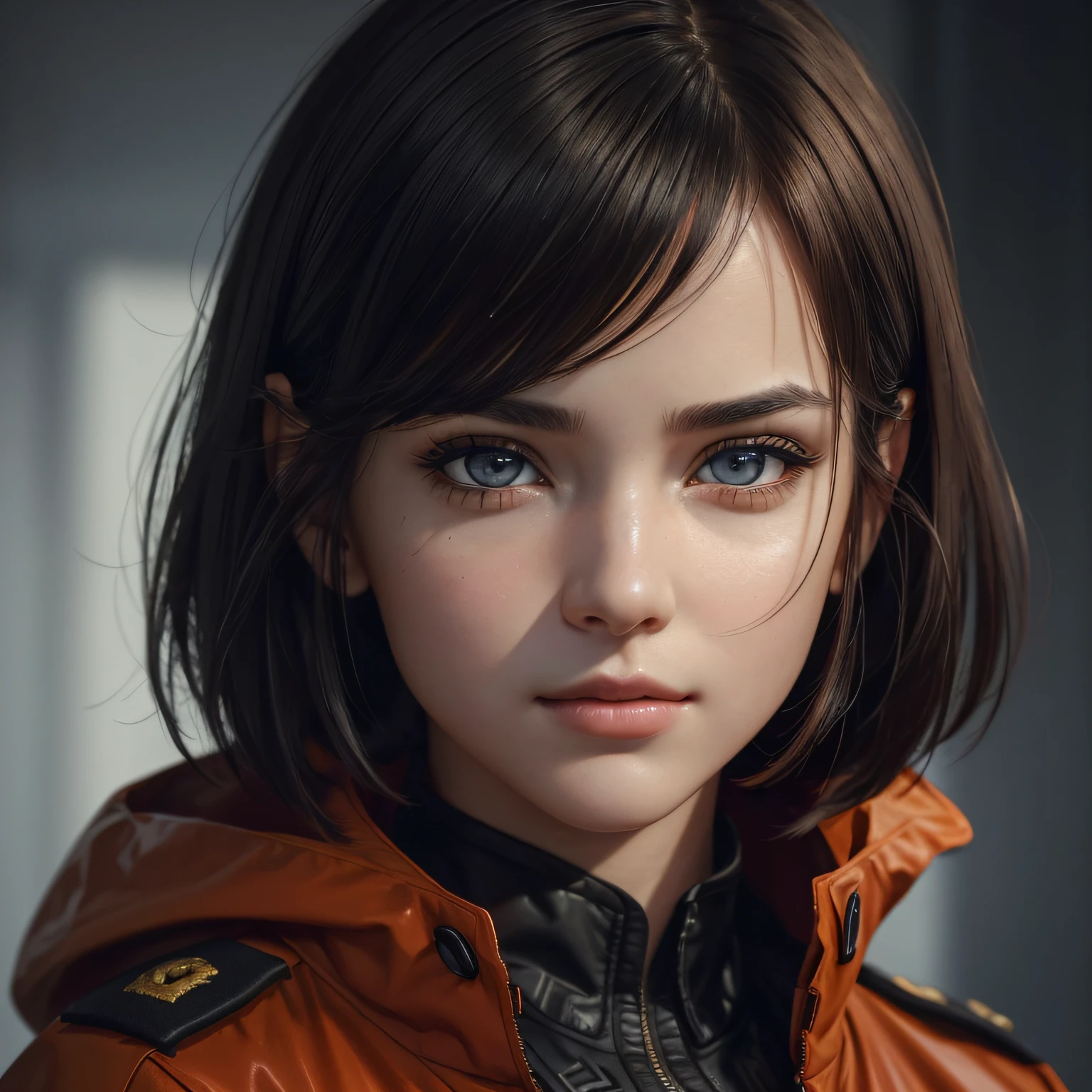 image of a girl, with a serene expression, thinking several positive things, ((masterpiece)), ((best quality))), ((ultra-detailed)), UHD, 8K, ((high resolution))), ((illustration)), ((realistic)), (reflections), sharp focus, front lighting, intense shadows, ((beautiful, extremely detailed eyes)), ((extremely detailed and realistic skin)), ((extremely detailed eyes model) detailed and realistic)), ((anticipatory very cheerful arrogant look)), beautiful brutal girl, (realistic red-orange eyes), ((military raincoat)), dark hair, (short style hair), (asymmetrical bangs long), hair between the eyes, (cinematic), (hyper-realism, style), ((ultra-detailed beautiful correct face)), (((full growth))), ((clean face)), ((skin sharp, sharp, super-detailed))