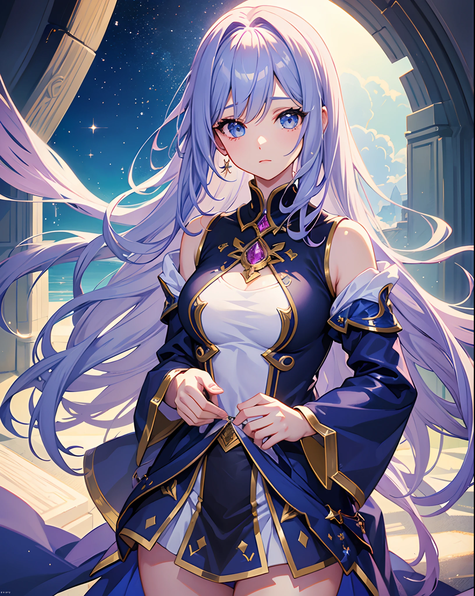 digital art, soft and fantasy style, an anime girl, pretty face, pretty hair, fantasy hair, glitter colored hair, shining eyes, looking cute and bright, not NSFW, wearing super fantasy glittery tops and shorts, detailed outfit, wearing fantasy glittery jewels, omit ugly hands, standing, in a detailed dreamy beautiful fantasy landscape, amazing lighting, super cozy atmospheres