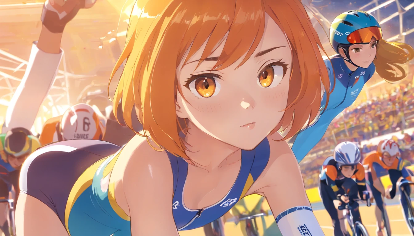 To generate a stable, diffuse prompt for a specific theme, "Girl with orange hair, Big breasts, big butts, Wearing racing pants and a cycle helmet, Yellow eyes and short bob hairstyle, Put on your thighs and goggles and participate in track cycling," Here's an example of a prompt: "Bright orange hair girl, Seductive yellow eyes, And trendy short bob hairstyles. She、It has a curvaceous figure with a sufficient bust and a well-defined delrière. Wear stylish racing pants and a cycle helmet, She is ready to dominate track cycling competitions. Her muscular thighs、Provides her with incredible pedaling power. The scene is enhanced with vibrant colors, Sharp Focus, And professional lighting, Creation of highly detailed and realistic images. This work is、It embodies the energetic and competitive atmosphere of track cycling, Showcasing the strength and beauty of female athletes." Don't forget to adjust the strength of your keywords according to your preferences, Using () Or [] syntax (If you need). To make your prompts more creative and engaging、Feel free to add or modify specific details.