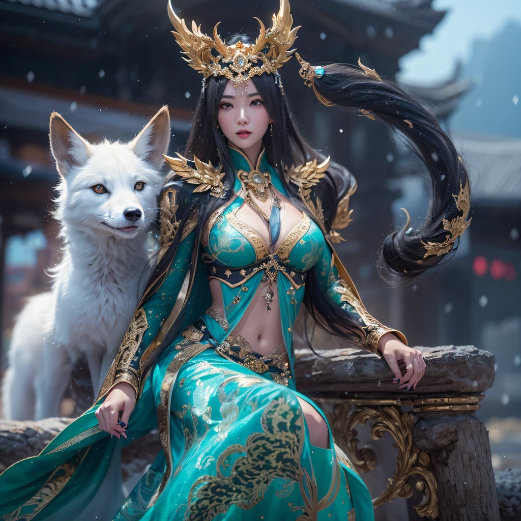 Flying Nine-Tailed Light Blue Sky Division Flame Long-haired Fox Star，een Erotica，Torch night black golden orange brocade silk snake print silk pants，Rouge diamond tulle sheer lizard-patterned leggings，Fat Girl Space Fly in the Snow 1:900 miniatures，Front view，Pure transparency，Wear boxing gloves，Wear thick-framed reflective sunglasses with gold wire，Panorama ultra-wide angle，extremely happy，The texture of the real person is delicate，Strong visual impact，hyper-detailing，Dream girl，Refined face，prettyeyes，Hair strands float in the air， cherry Models，Zhou Xiaotong，crystal-clear，Good sense of perspective，Light and shadow effects，16K smooth，Surface reflected light，Flowing black hair，Water Goddess 32K，复杂，ellegance，highly  detailed，A majestic，Digital photography，Autumn cowboy shot，surrealism painting，Broken rubies，Beating magic，Entwined water magic，（tmasterpiece，Cinematic light，Fine beautiful eyes：1.2），hdr，Void 5 Energy Storm，(China 1 girl，Black eyes:1.5），Rouge skin，Glowing skin，(sitting on the stone：1.5），delicated face，Black color hair，Put on palatial gold armor，cropped shoulders，，short  skirt，Beautiful golden armor，Rained，big breasts beautiful，looking at viewert，Face away from the camera，tmasterpiece，Lateral face,Side portrait close-up