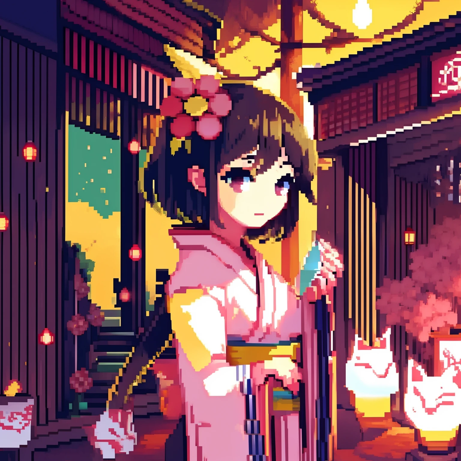 A schoolboy with a bright smile, dressed in a gray kimono, and having black hair, is standing in front of a vibrant scene. The scenery consists of numerous torii gates, creating a mesmerizing pathway behind the schoolboy. The entire scene is portrayed in pixel art style, adding a nostalgic touch. The schoolboy is holding a fox mask in his hands, symbolizing traditional Japanese folklore. The forest surrounding the torii gates is filled with glowing flowers, emitting a soft and magical light. Blue fireflies float around, adding an enchanting ambiance to the forest.
 
To enhance the quality of the image, please include the following tags: (best quality, high-res:1.2), ultra-detailed, realistic:1.37, HDR, vivid colors, studio lighting, and sharp focus.

As for the art style, please aim for a combination of Japanese traditional elements and pixel art.

For the color palette, please incorporate vibrant and contrasting colors that highlight the magical atmosphere of the scene.

The lighting should portray a warm and ethereal glow, creating a dreamlike feeling throughout the artwork.