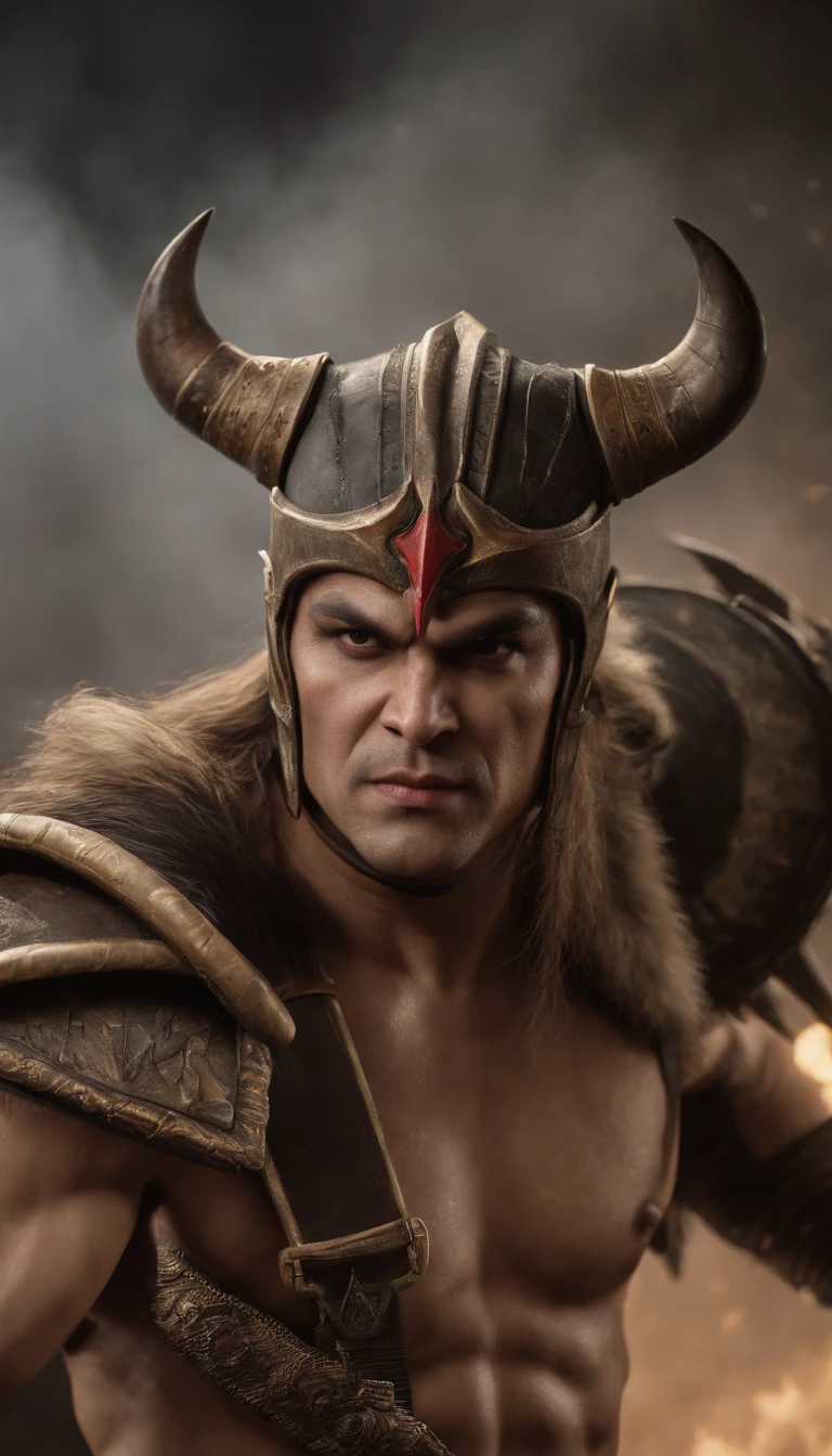 ((Shao kahn, ultra realistis)), (((full - body))), ((perfect arms)), stunning, hyper realistic, Octane rendering, surrounded by the effect of smoke and lightning, Стиль Mortal Kombat, Old background, elegant, stunning, (wallpapers), ConceptArt, intricate detials, higly detailed, ((Filmic)), dramatic, (topquality, Ok, Master Part:1.5), (Photorealistic:1.5), a photo of a, foto realista, Nikon, natural light, 4k, Determination of maximums, XF IQ4, 150 MP, 50 millimeters, Сертификация ISO 1000, 1/250 years, natural light, Adobe Lightroom, Photo Lab, Photographic resemblance, PhotoDirector 365,