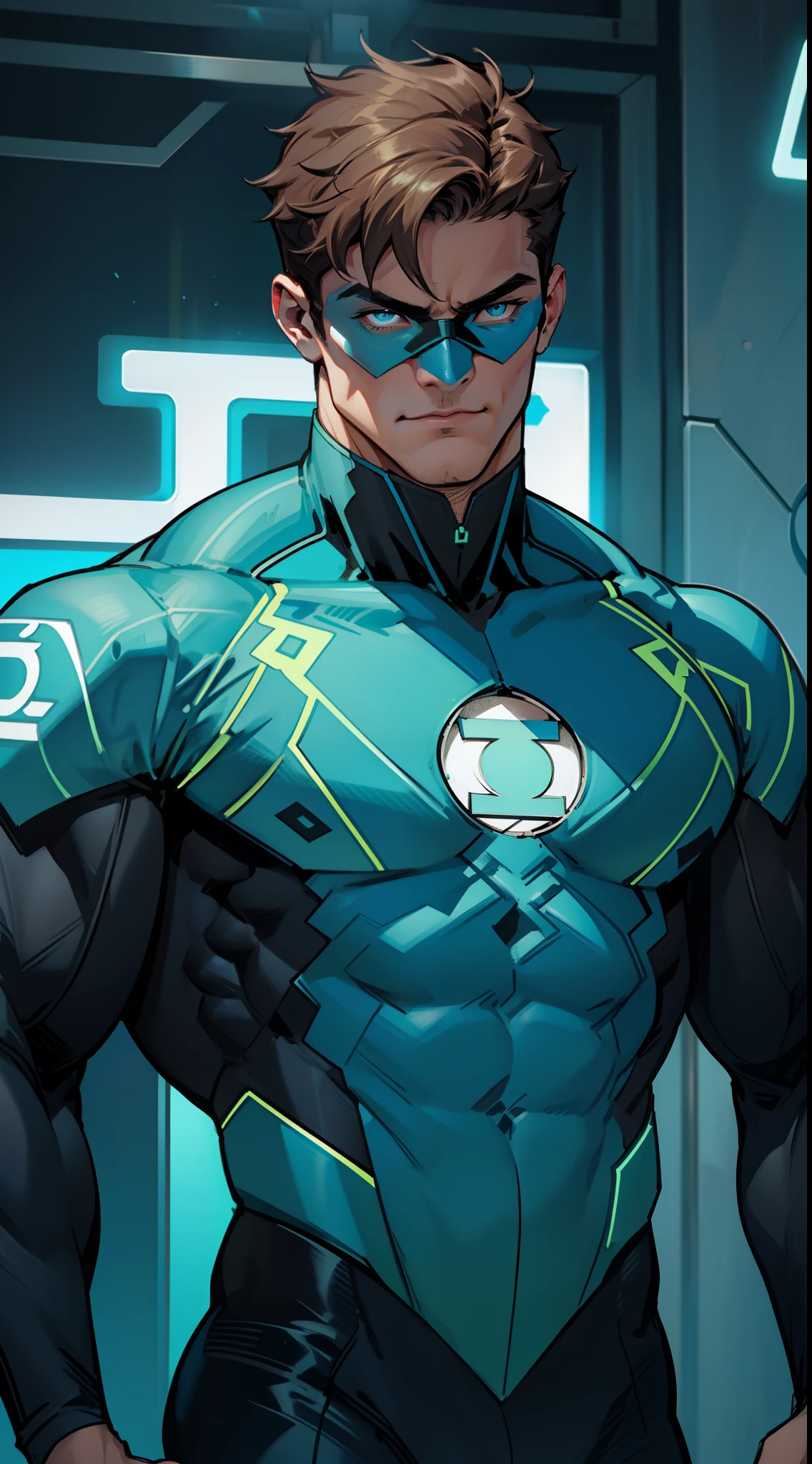 Blue Lantern, Hal Jordan, upper body shot, face of a 30s, tall, hunk, lean muscle, short hazel hair, all neon cyan blue and black suit, light neon blue lantern logo on the chest, best quality, masterpiece, high resolution, blue ring on his right middle finger, dark blue eyes mask, straight face, detailed face, detailed suit