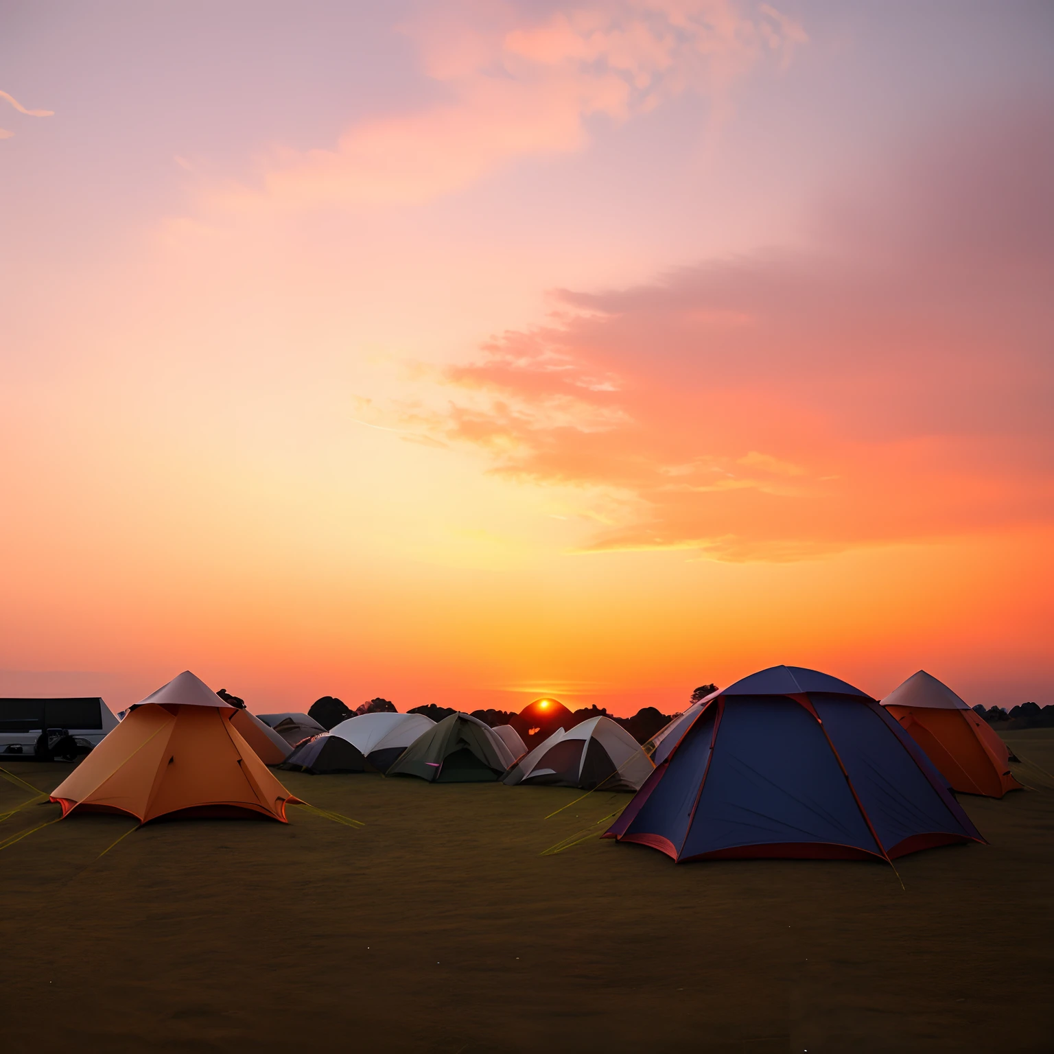 late sunset,Tents and cars were parked in the fields, camping, dusk setting, during sunrise, Sunset atmosphere, With sunset, Sunset!, sunsettime, dawn setting, at the sunset, wide - angle shot, prime time, As night fell, Tent camp in the foreground, wide - angle shot, wide - angle shot, sunset mood, camps in the background