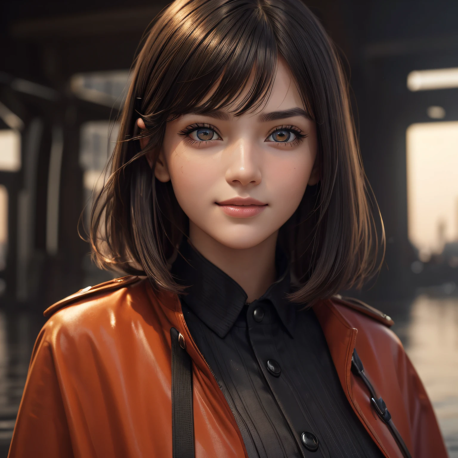 image of a girl, with a serene expression, smilling, thinking several positive things, ((masterpiece)), ((best quality))), ((ultra-detailed)), UHD, 8K, ((high resolution))), ((illustration)), ((realistic)), (reflections), sharp focus, front lighting, intense shadows, ((beautiful, extremely detailed eyes)), ((extremely detailed and realistic skin)), ((extremely detailed eyes model) detailed and realistic)), ((anticipatory very cheerful arrogant look)), beautiful brutal girl, (realistic red-orange eyes), ((military raincoat)), dark hair, (short style hair), (asymmetrical bangs long), hair between the eyes, (cinematic), (hyper-realism, style), ((ultra-detailed beautiful correct face)), (((full growth))), ((clean face)), ((skin sharp, sharp, super-detailed))