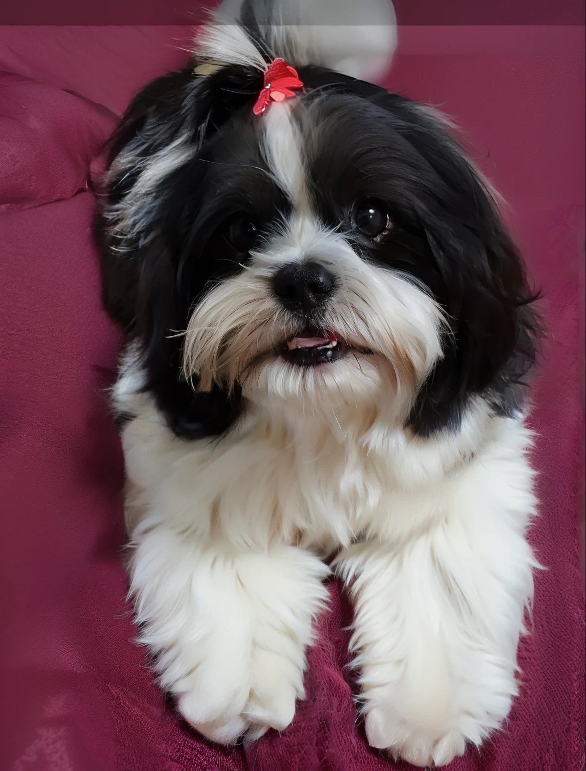 There is a small black and white dog with a red bow on its head, Shih Tzu, Looking towards the camera, staring directly at camera, staring directly at camera, Shui Mo Hua, ela tem cerca de 1 6 anos de idade, um bonito, she's facing the camera, Dog cute, is a stunning, looks into the camera, front facing the camera
