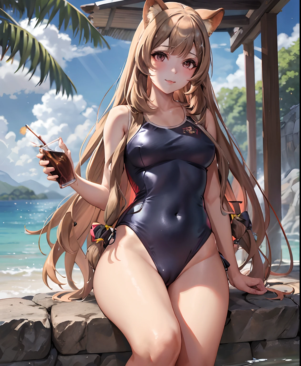 SFW,Obra maestra,La mejor calidad,Ultra detallado, Trazado de rayos,Perfect lighting, raphtalia, 1girl, solamente, cola, Orejas de mapache, wearing a swimsuit, Antecedentes del castillo, Mirando fijamente al espectador, brown light hair, ojos rojos, delineador negro