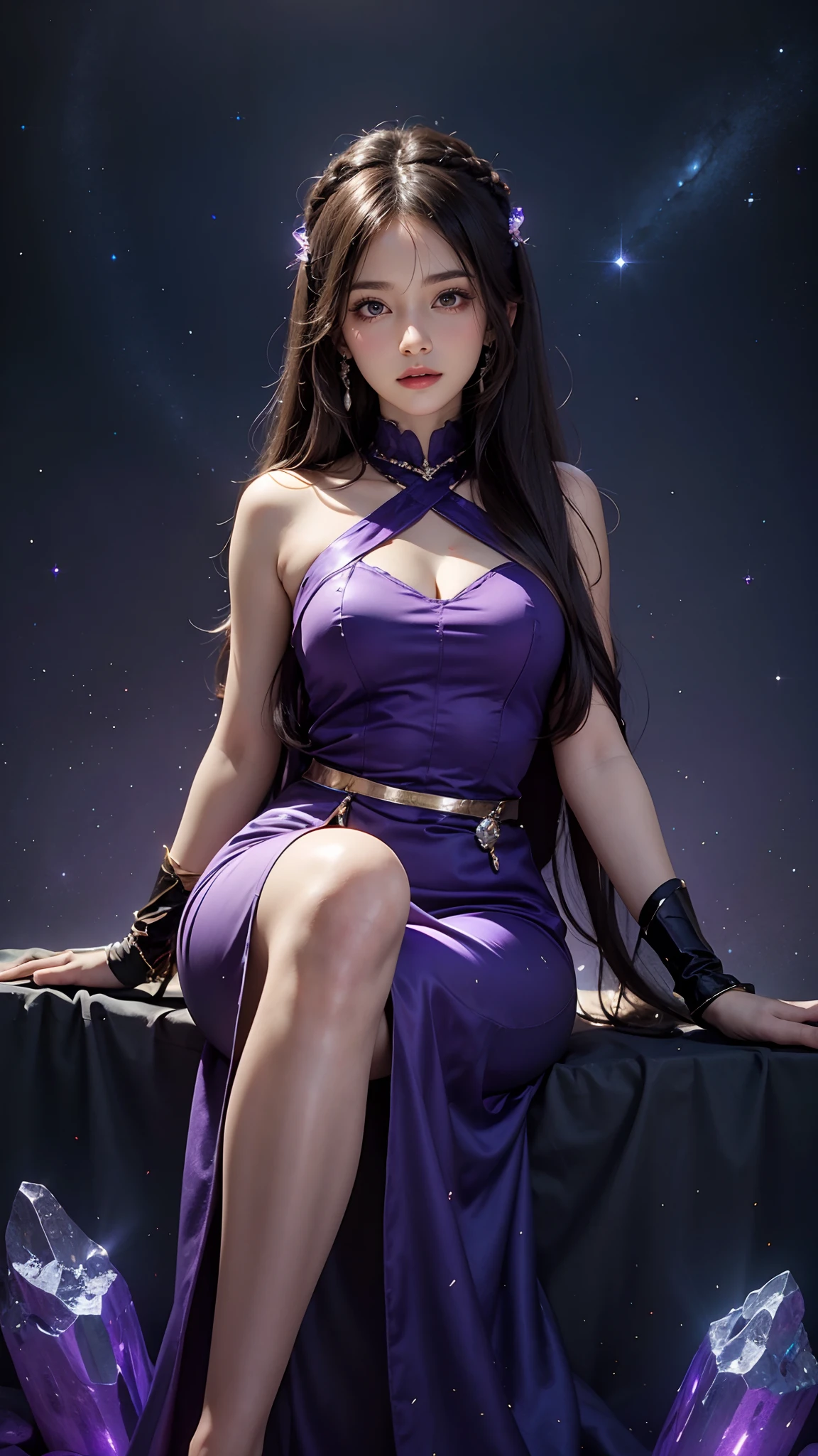 8K ultra hd, masterpiece, best quality, a beautiful girl, long hair, impressive hairstyle, crystal dress, purple dress, shining, glowing skin, purple lighting, space background, sitting, whole body capture,