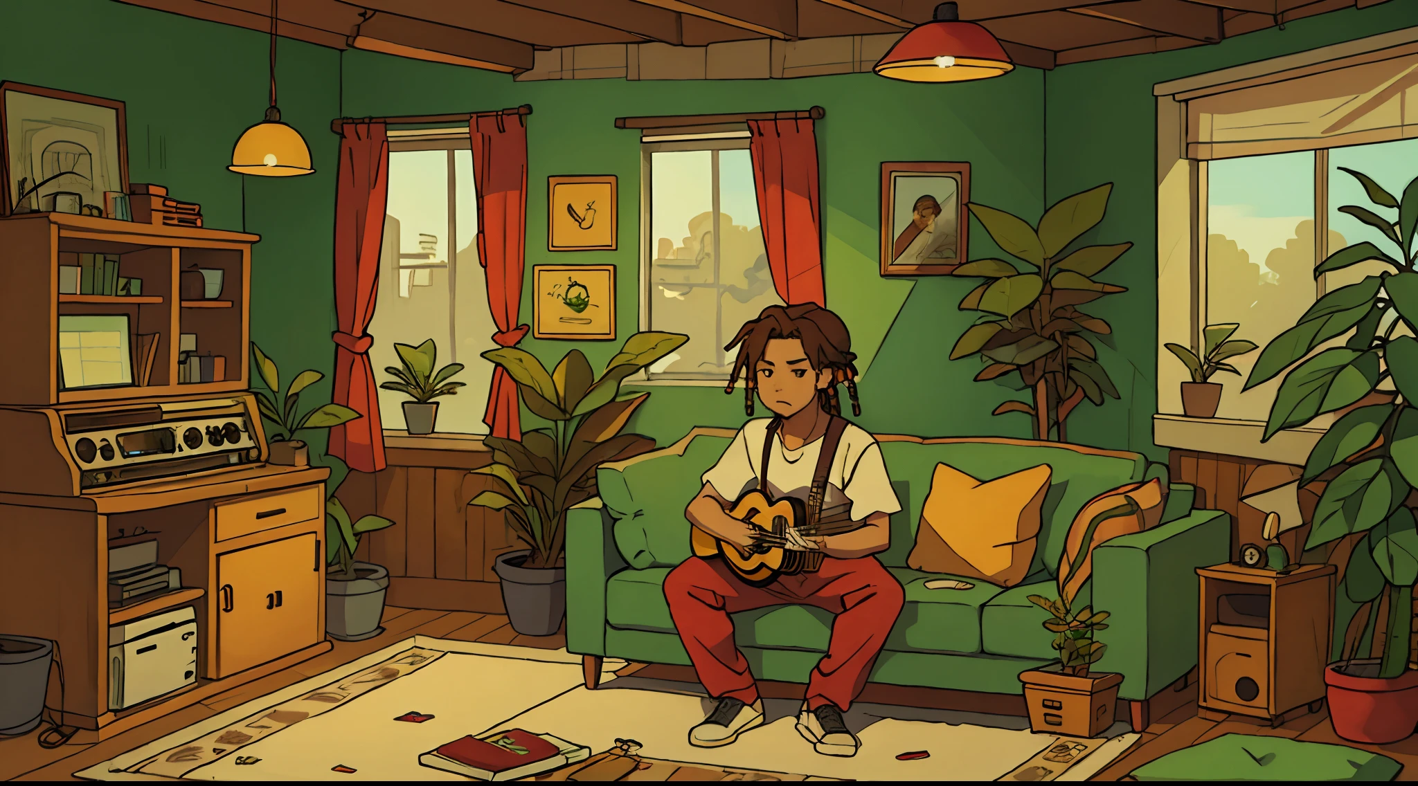 Rasta vibes room with a vintage music recorder, guy smoking in bong, plants