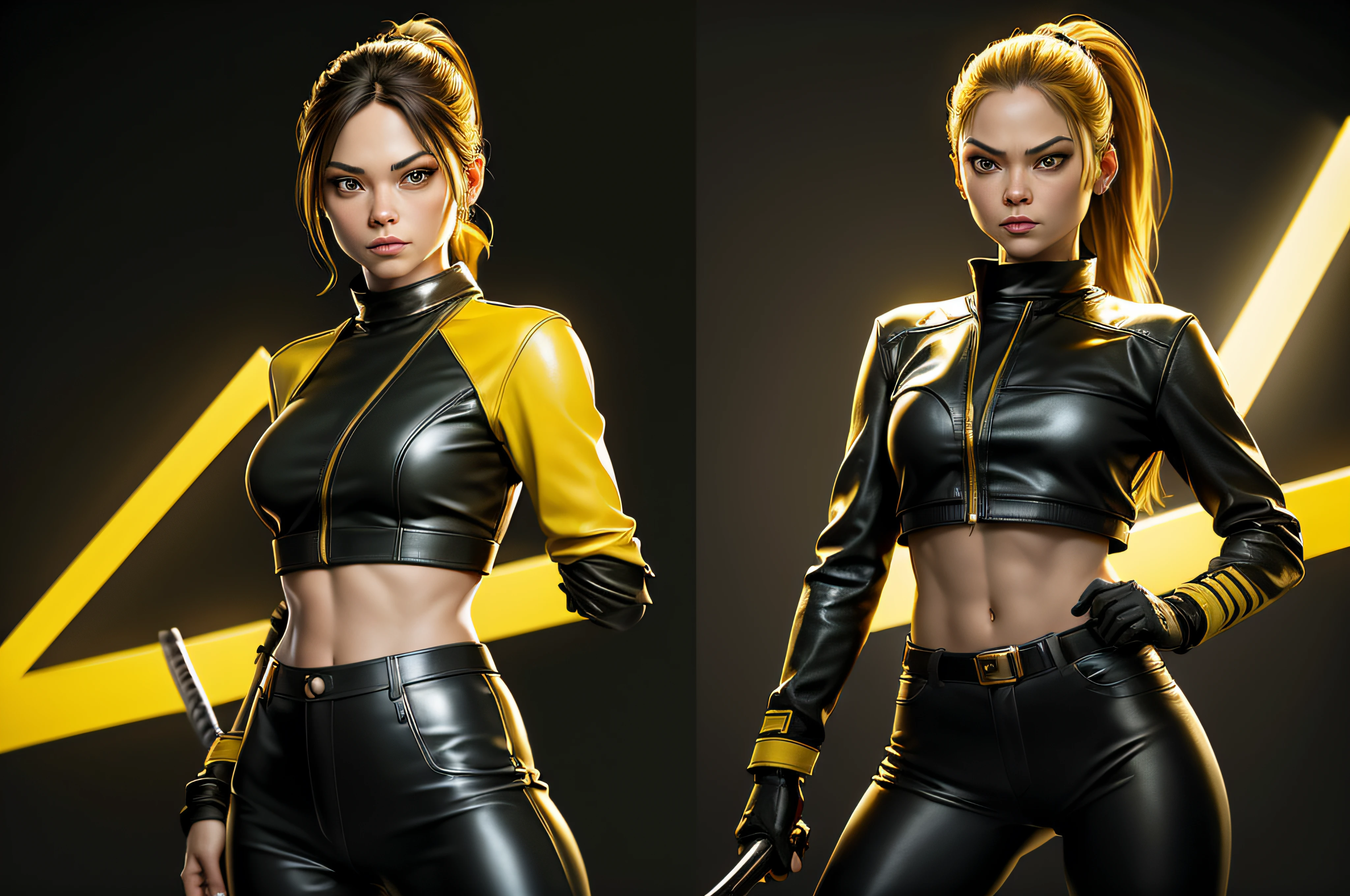 1Kristin Kreuk, brunette with ponytail and green eyes, Dressed in yellow and black leather pants and a yellow and black leather jacket, Armed with a katana. Parodie de l'affiche du film "Kill Bill". lighting cinematic. Highly dynamic framing. golden ratio. fond lumineux.