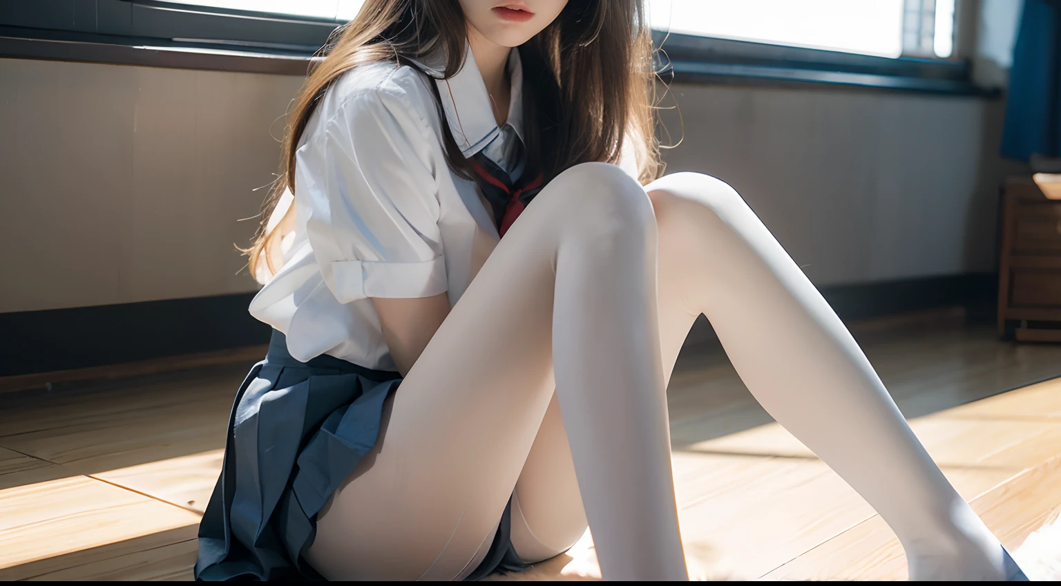 ultra realistic 8k cg, picture-perfect face, flawless, clean, masterpiece, professional artwork, famous artwork, perfect face, beautiful face, beautiful eyes, ((perfect female body)), solo,(immersive atmosphere, chiaroscuro:1.5,bright light:1.2,luminous lighting)
,,(blush:0.5),seductive expression,extremely detailed_eyes,thick thighs,large breasts,
beautifully detailed background,depth of field,realistic:1.3, long shot,1girl,shirt,pleated skirt, school uniform, sitting, full body,
(ambient light:1.3),(cinematic composition:1.3),(neon lights:0.1),(HDR:0.1),Accent Lighting, white pantyhose,