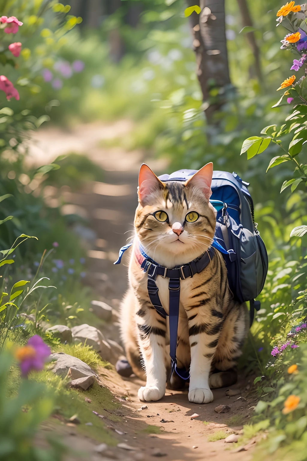 A round-eyed cat with a hiking bag on its back, On the forest trail, Face the lens, wildflowers,Far Mountain, ln the forest