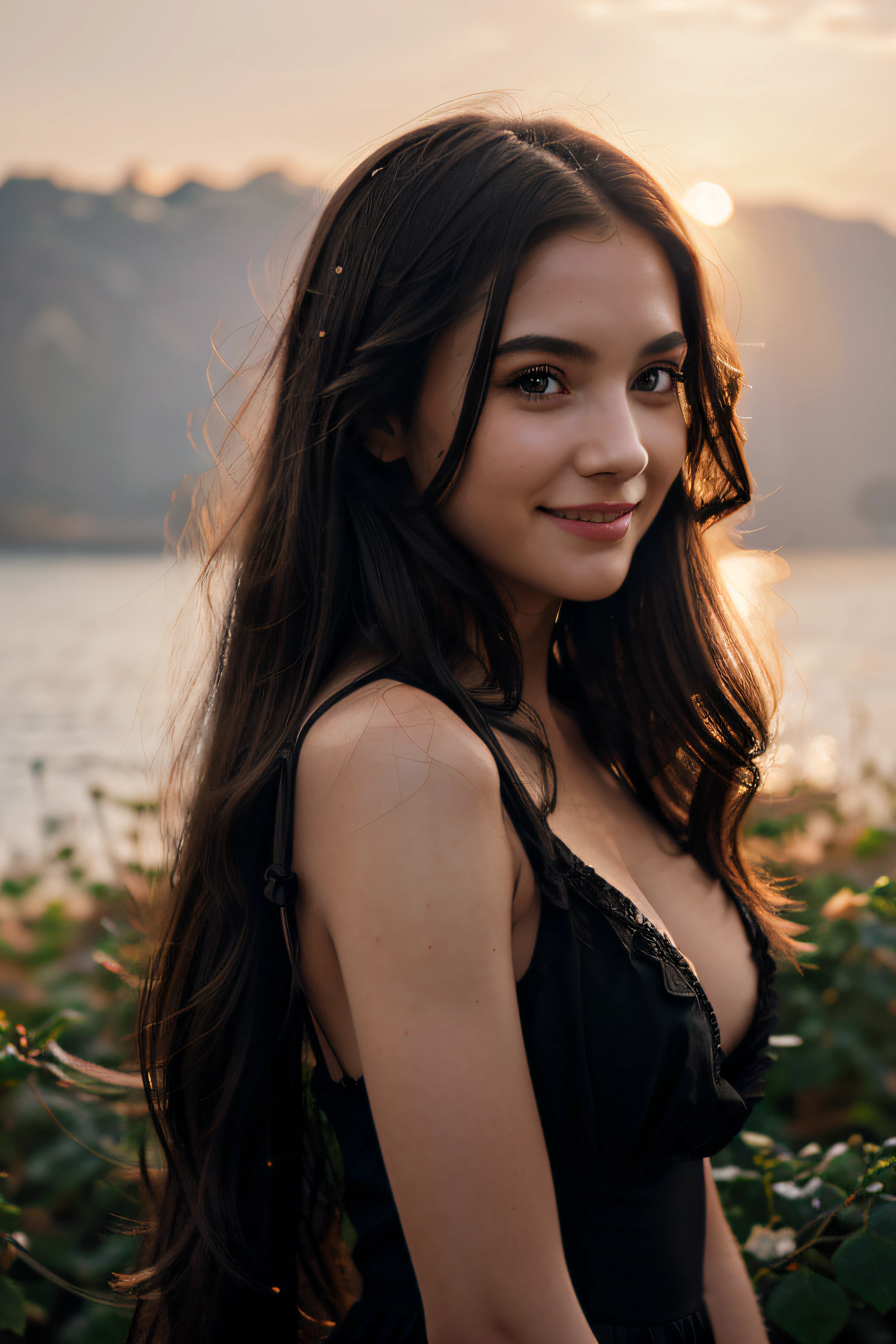 girl,facial expression,smiling,eyes,lips,beautiful,detailed,long hair,black roses,dress,fully covered,front view,sunset,backlight,realistic,pencil style
