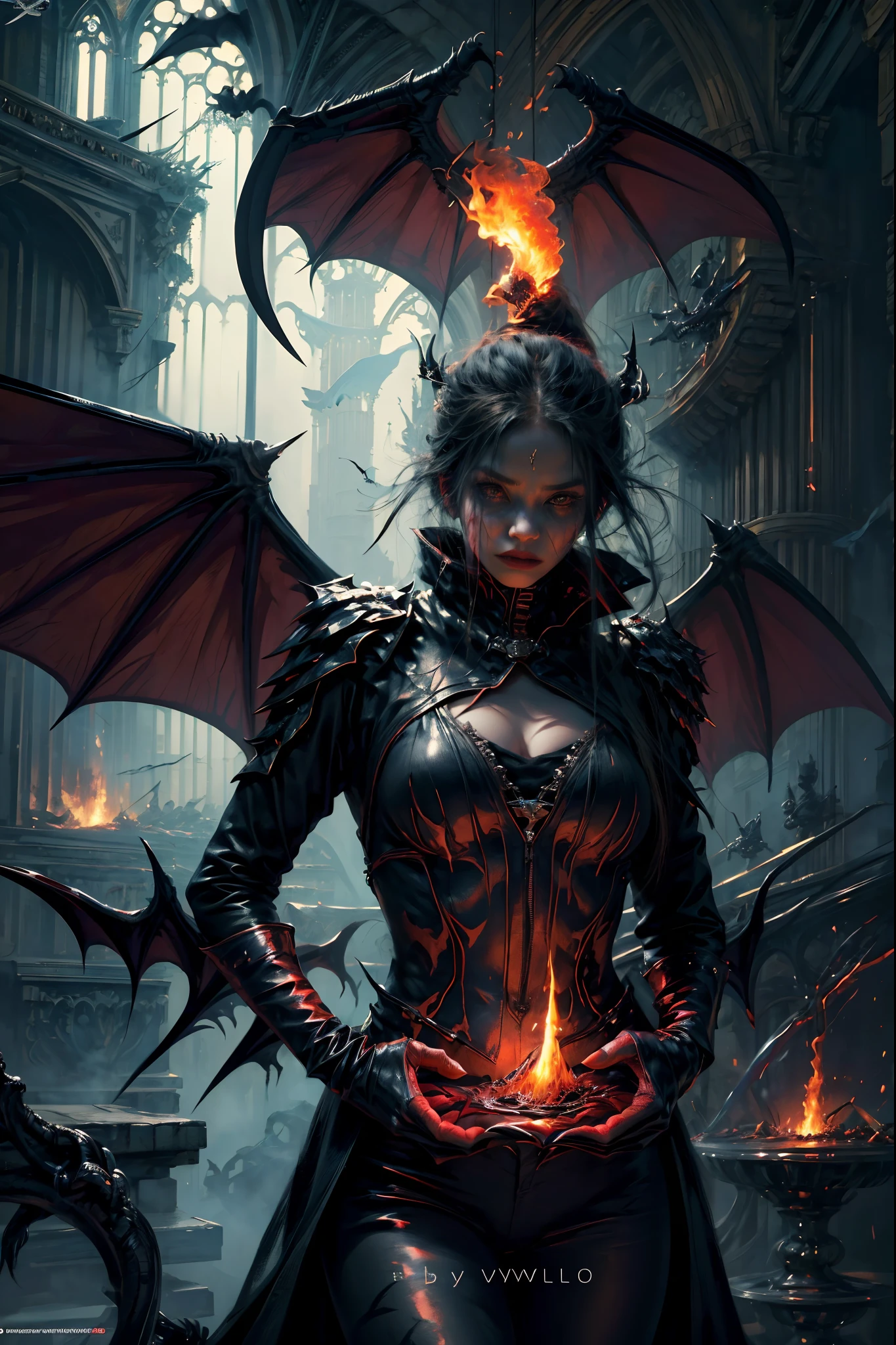 (masterpiece, best quality, hires, high resolution:1.2), extremely detailed, realistic, highres, scary dementor, black slime, venom liquid, simbiote, blood, bat wings, old church, flame strike, fire spark, UHD, 8K, demon wings, holding giant sythe, evil horn,