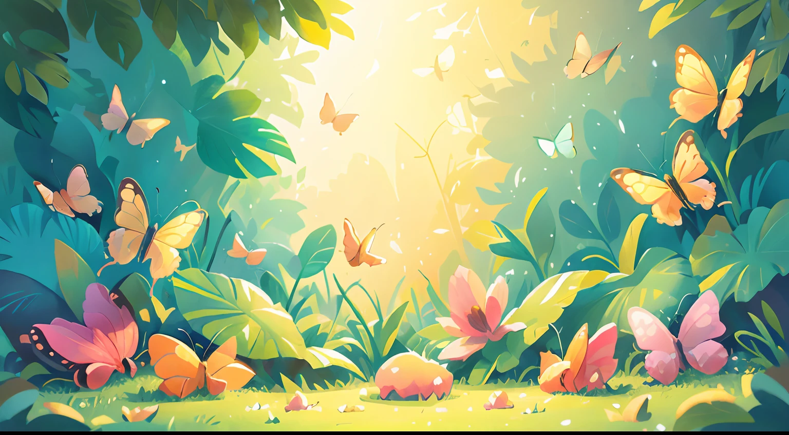 A poster of butterflies, bright theme, shiny, minimalism, sky, pastel blue, yellow, pink, empty in the middle