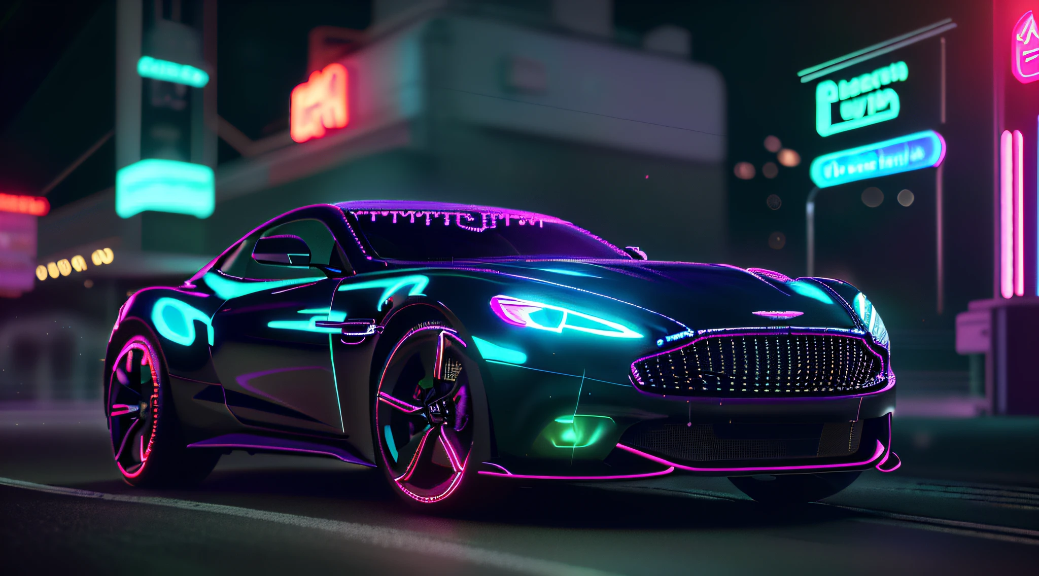 (ultra - detailed, 16K resolution, Cinema lenses，rendering by octane), (8k ,ultra detailed,raw photo:1.2),(realistic:1), (photorealistic:1), (lens flare:1.1), (bloom:1.1), (neon color smoke:1.2), (neon :1.2) ,ultra realistic purple neon Aston Martin car, foggy neon night, misty neon lights, synthwave neon retrofuturism, mechanical features and neon, neon lit, synthwave aesthetic, neon dark lighting, artem demura beeple, money raining from the sky, cinematic neon uplighting, japan city night, intense colors