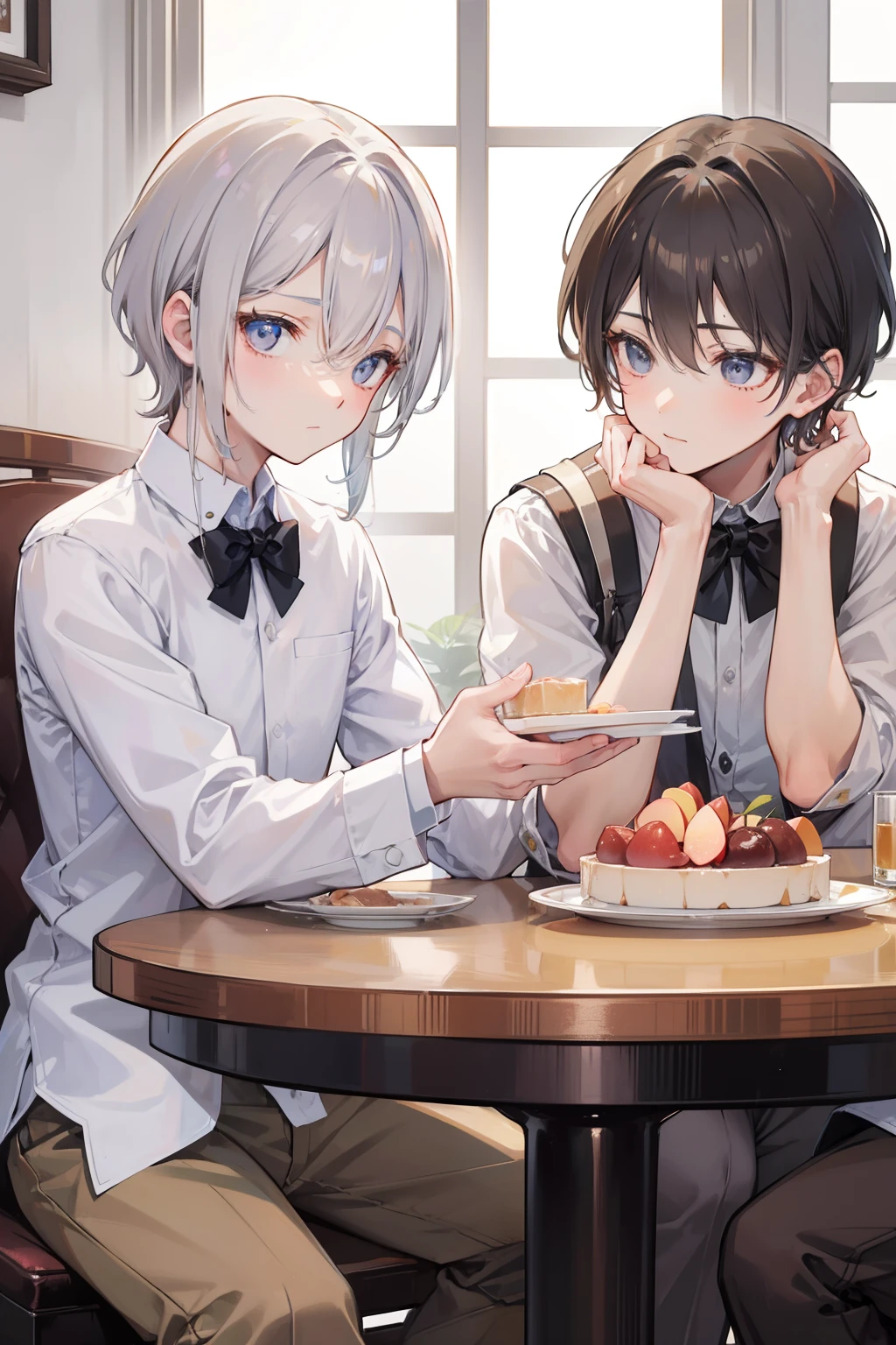 Two Boys, Silver-haired boy and brown-haired boy,cafes、Eat a peach dessert、Boys Love、Talking、hight resolution、ultra-detailliert