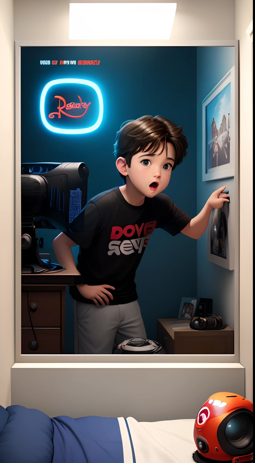 Create a movie poster for [ReziSun], [boy,bedroom,computer,videographer,editor], Disney Pixar movie style, –ar 9:16”