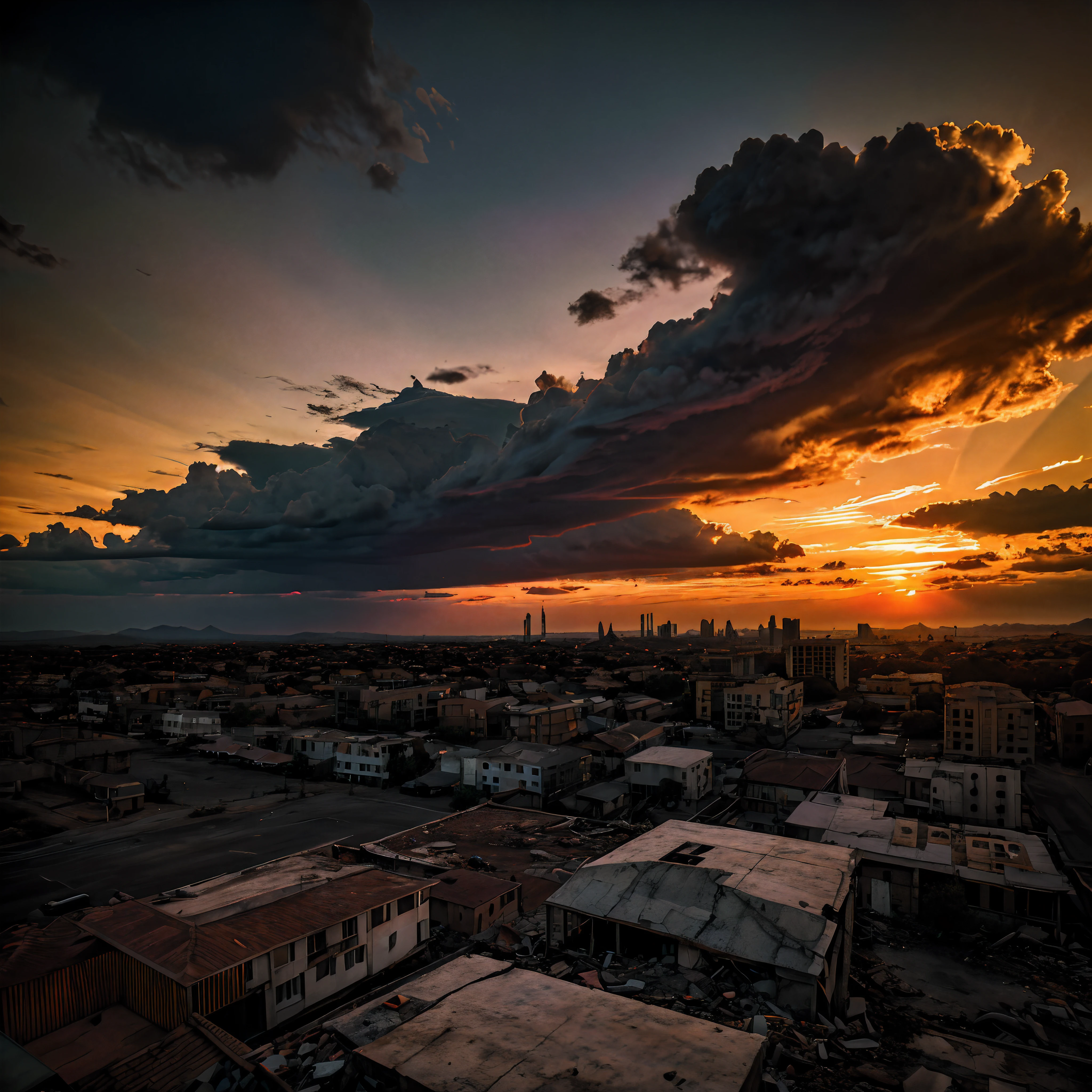 (best quality, highres, sunset:1.2, HDR), empty city, war, no one, solo sunset, high detailed buildings, abandoned streets, desolation, post-apocalyptic, destruction, ruins, cityscape, skyline, fading light, hauntingly beautiful, melancholic atmosphere, decaying infrastructure, solitude, silence, eerie calmness, dusk, shadows, orange and purple hues, golden sunlight, dramatic clouds, masterful lighting, realistic texturing, atmospheric perspective.