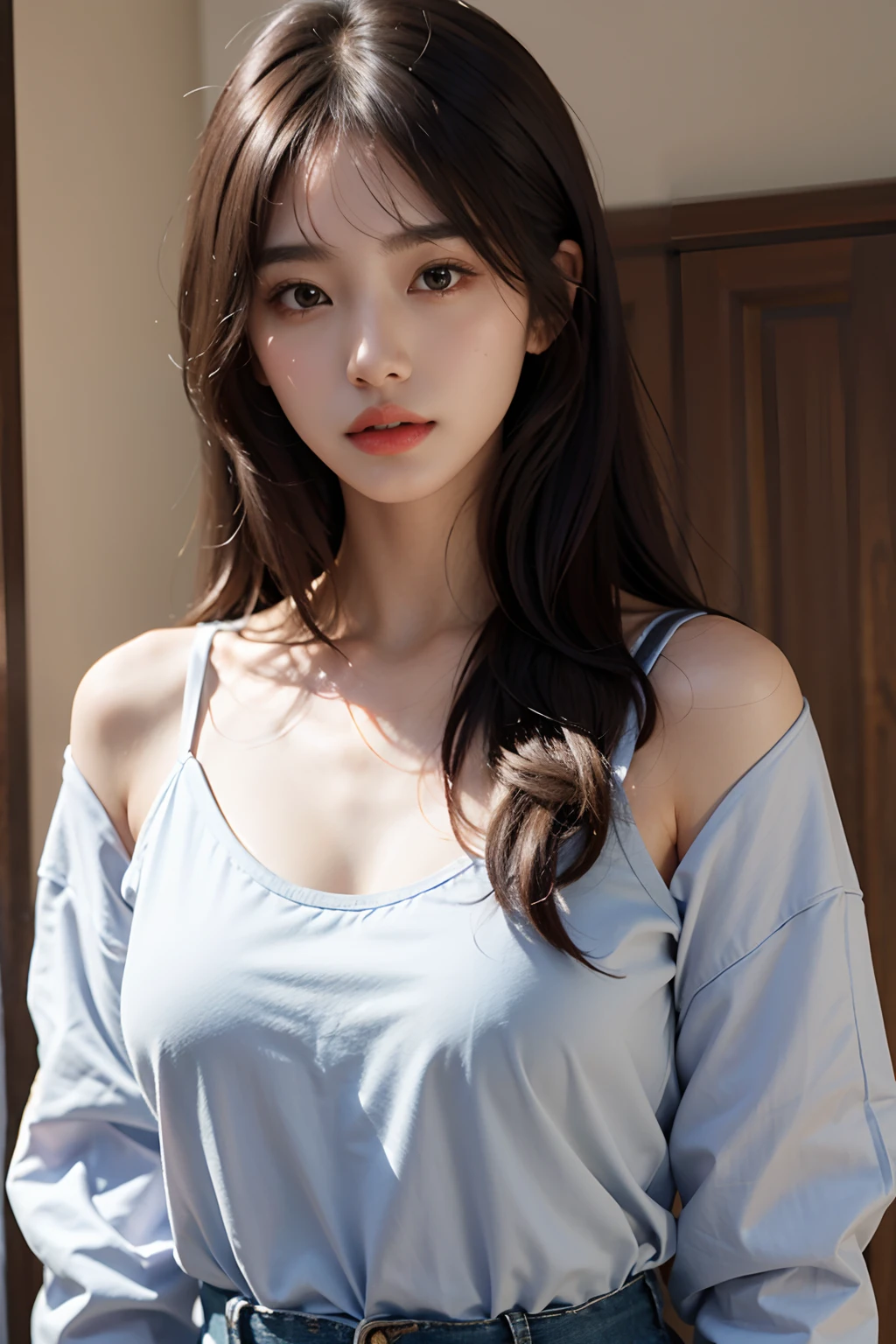 ((Idol-level girls)), master-piece, best picture quality, ultra-detail, (Loose shirt+perfectbody:1.3), (perfect face+lens+long-haired+They have long brown hair.........), Close-up of, Audience view,