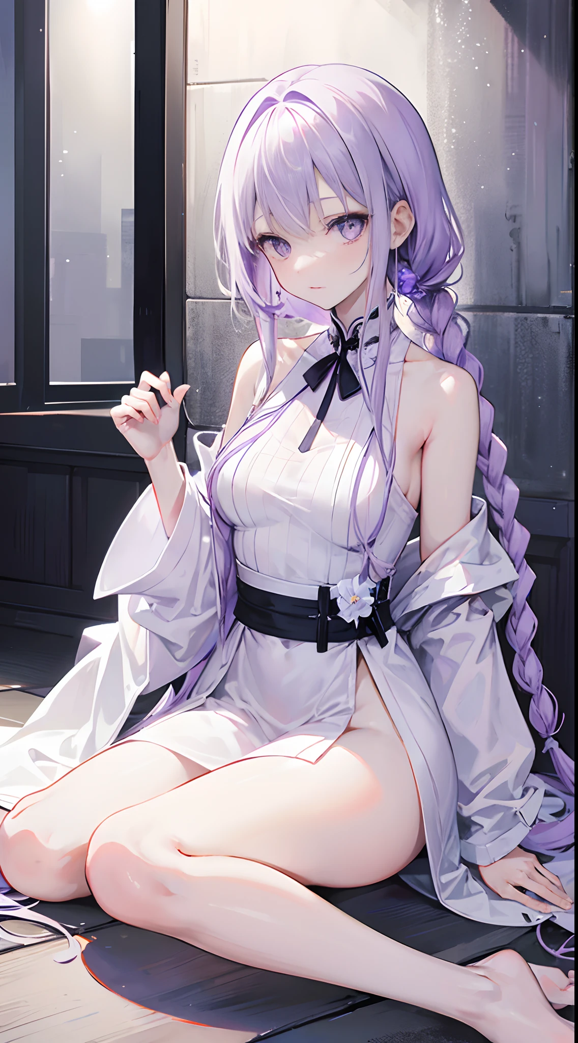 A long pale white-purple hair，The girl with white and purple eyes walked over，She wore a slender braid，Wearing a white gown，What makes people care is the black belt around her waist，A white towel hangs around his neck， She sat down on the ground，A leg was stretched out，Start using your hands and feet，Then press down，Medium build，Sell cute and cute，The eyes are bright