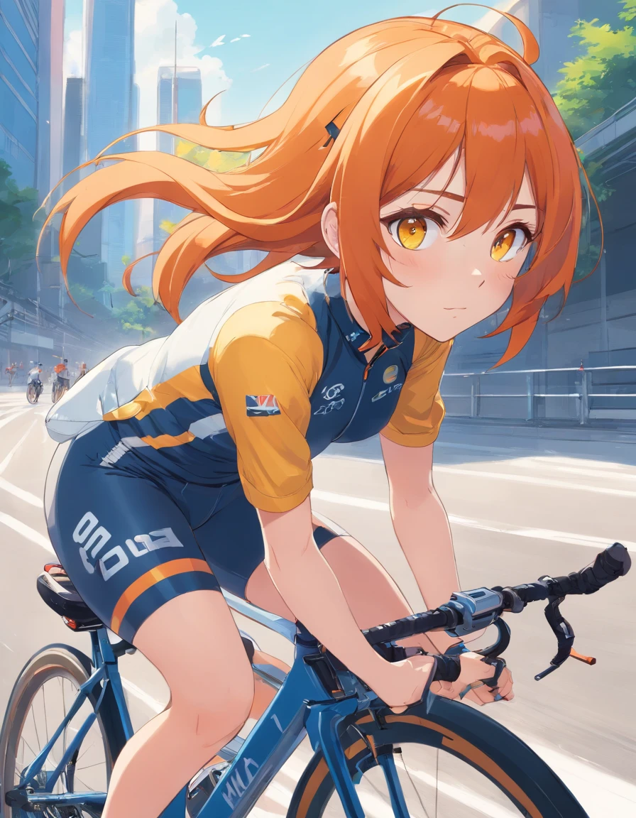 1 female、Orange hair、huge tit、Big ass、Racing Pants、yellow  eyes、Short Bob、Bicycle racing、big thighs、Cycle Helmet、goggles