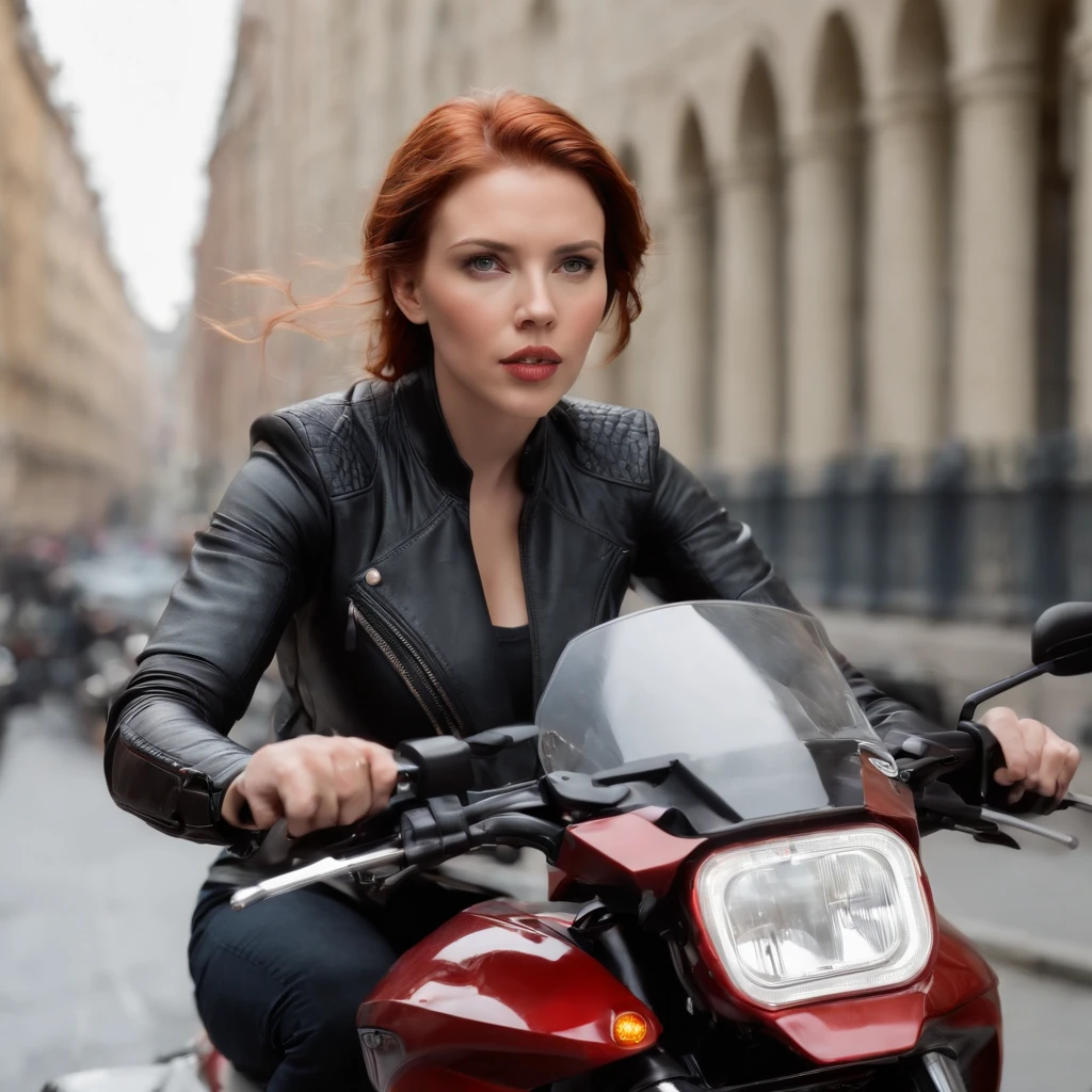 Redhead Scarlet Johansson ((topquality)), ((Best Retail)), (High level of detail: 1.3), ..3d, Woman riding a motorcycle,Beautifully I made (ciberpunk:1.3) Female hacker, Spy Woman, riding on a motorcycle,Medium Long Shot