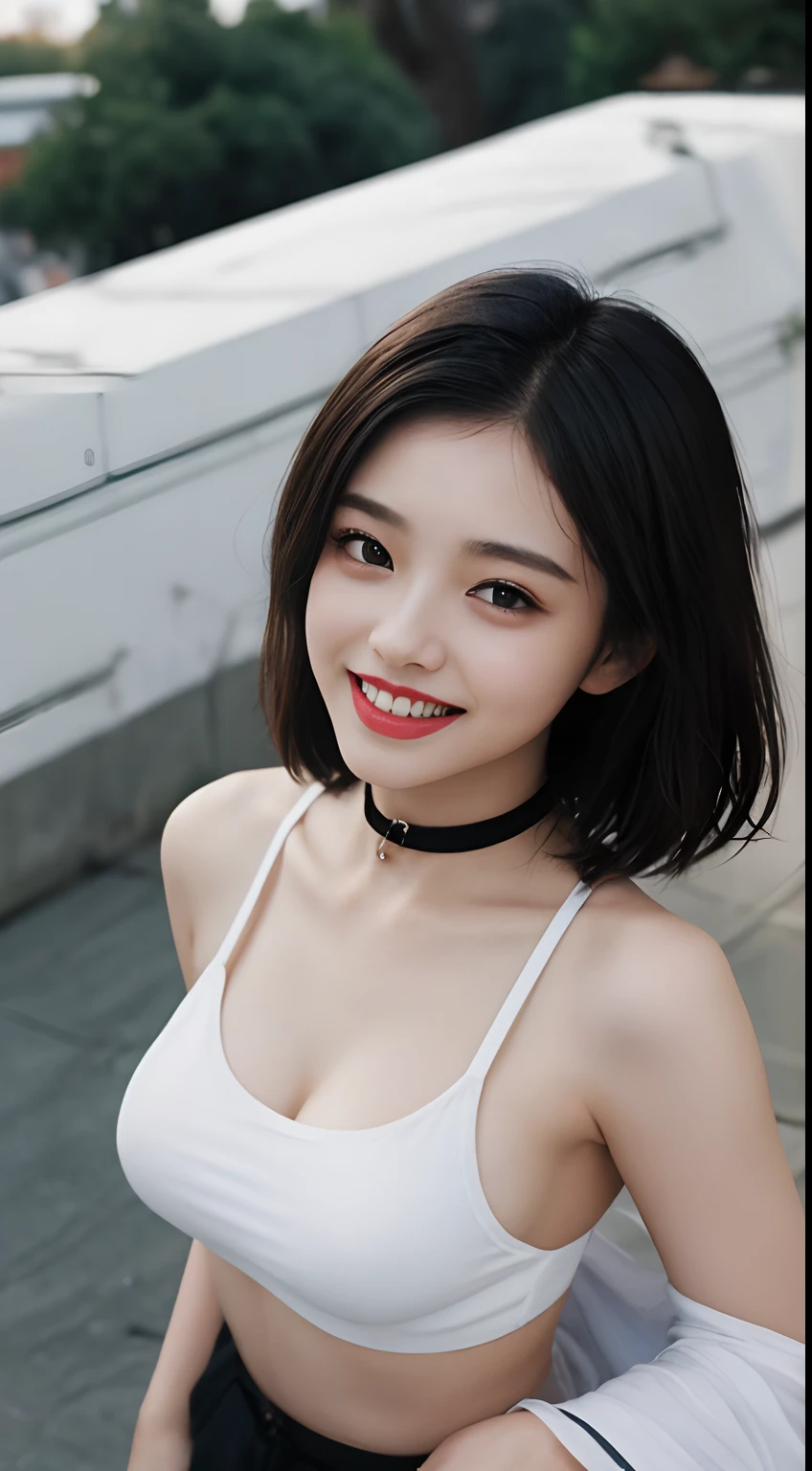 masterpiece, film grain, upper body photo of a Young girl in a white camisole, solo, absurdity, realistic(face, body, skin), (cute:1.35), cuties, (big breasts:1.275), detailed black eyes, innocent eyes, blusher, light(loose & oversize black jacket:1.2), (bare shoulder), black choker, earrings, short hair, (messy bob hair), areola slip, areola slip out, shiny pink lips, closeup, look at viewer, open lips, upper teeth, (smiling eyes:0.375), ((grinning:1.125)), depth of field, outdoors, cinema light, blurred background, eye focus, Bokeh, Professional Lighting, Portrait, Photon Mapping, Radiosity, Physically Based Rendering, soft light,