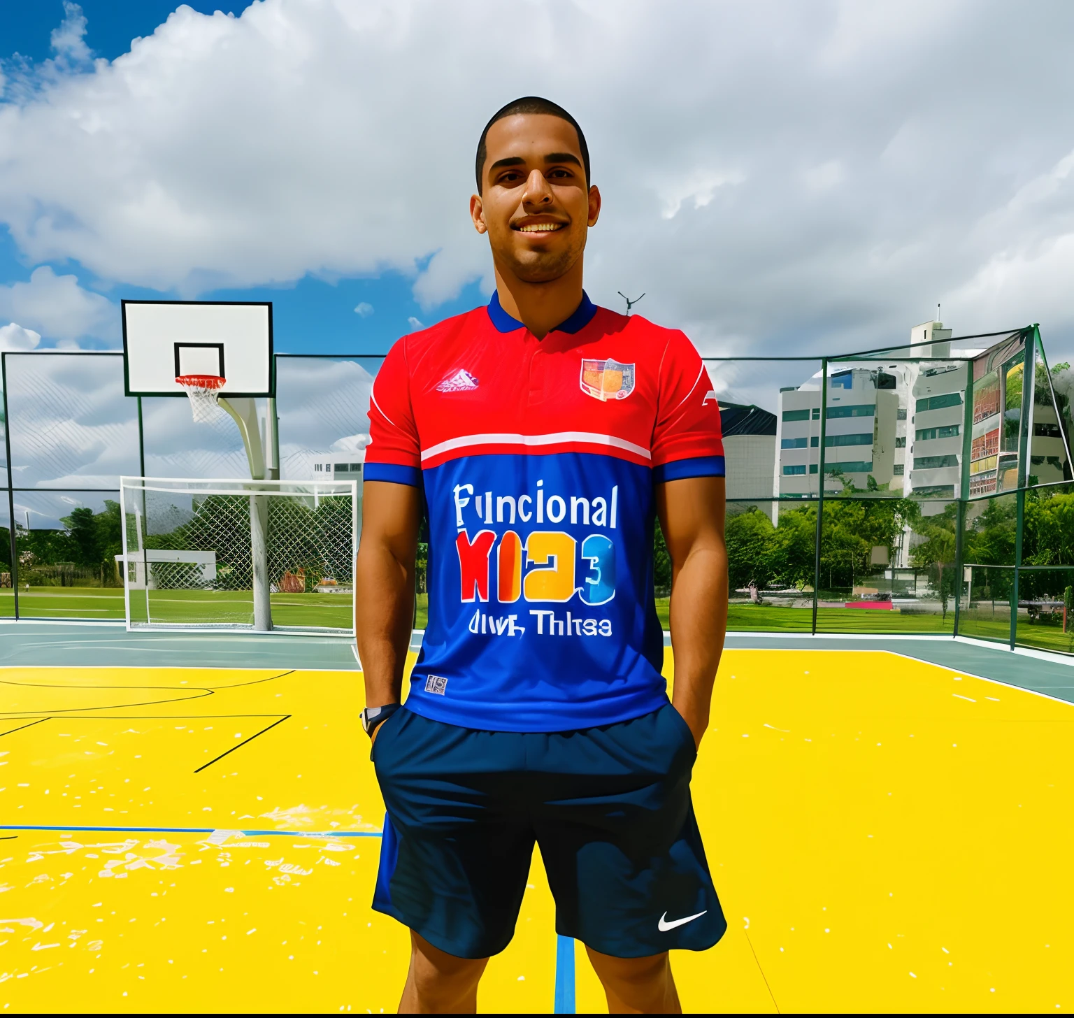 There's a man standing on a basketball court with a basketball, caio santos, wearing a volleyball jersey, Carmelo Blandino, andres rios, vestindo uniforme de futebol escolar, edu souza, vestindo camisa de basquete, danilo torres, Ronaldo Phenomenon, Tiro no iPhone 1 3 Pro, José Moncada, Tiro no iPhone 1 3 Pro Max, Dan dos Santos