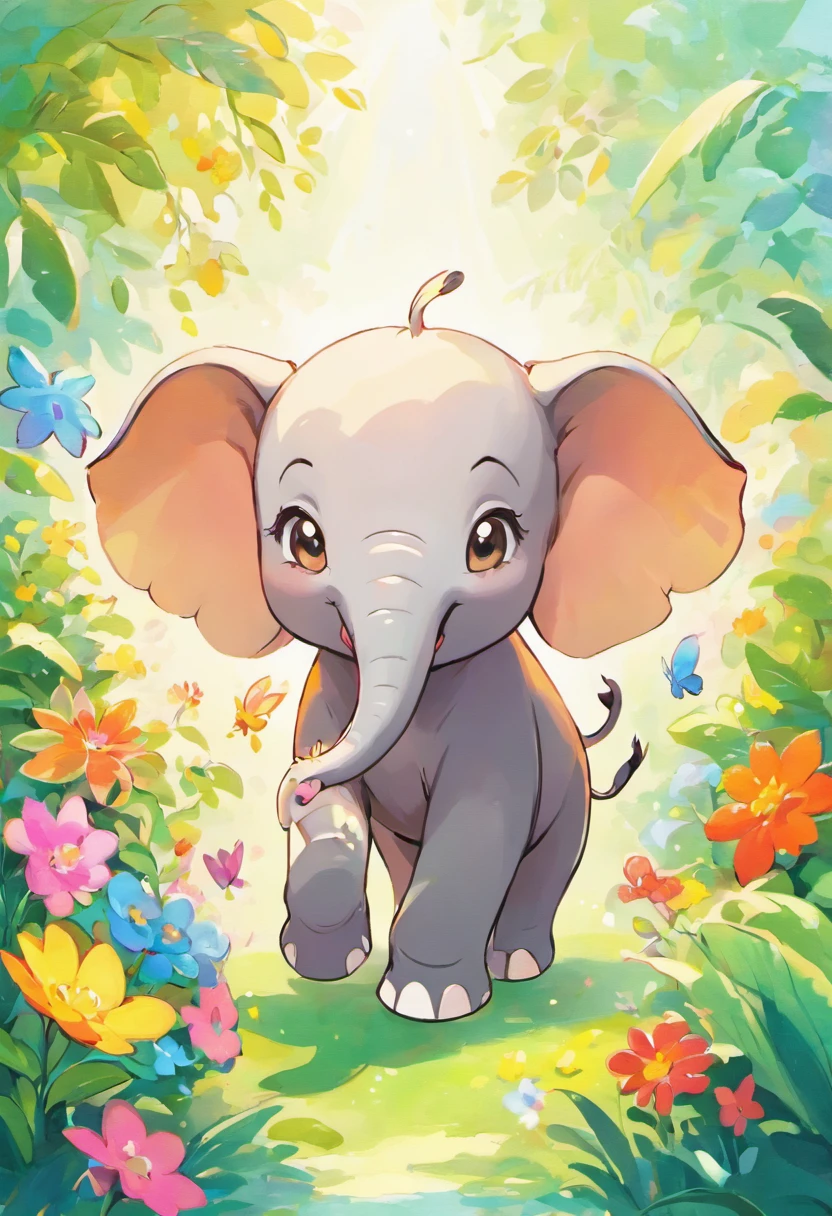 An illustrated cartoon elephant,highly detailed, vibrant colors, with expressive eyes and a playful expression, cheerful and lively, surrounded by a colorful garden full of blooming flowers and lush greenery, under a bright blue sky, creating a joyful and whimsical atmosphere. The elephant is holding a paintbrush and palette, showing its artistic side. The painting style is a mix of watercolor and digital illustration, with soft and delicate brushstrokes, giving a dreamy and imaginative feel. The colors are vivid and saturated, with a warm color palette dominated by shades of orange, yellow, and pink, creating a sense of happiness and positive energy. The lighting is soft and diffused, with gentle sunlight casting subtle shadows, adding depth and dimension to the scene. The overall image quality is of the highest standard, capturing every minute detail of the elephant's intricate patterns and textures, as well as the delicate petals and leaves in the garden. The final artwork is in a high-resolution format, suitable for large-scale printing, making it a masterpiece of art.
