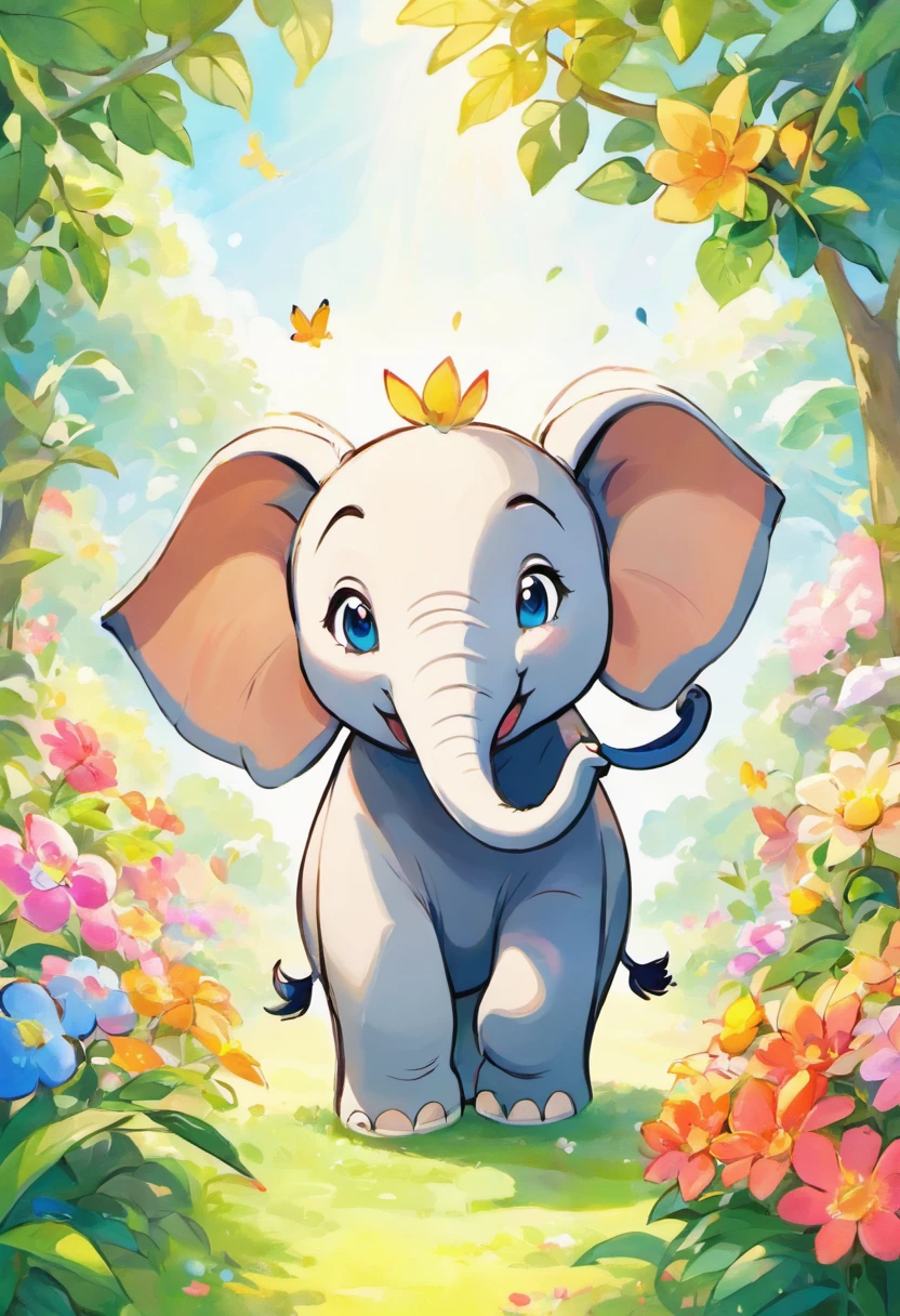 An illustrated cartoon elephant,highly detailed, vibrant colors, with expressive eyes and a playful expression, cheerful and lively, surrounded by a colorful garden full of blooming flowers and lush greenery, under a bright blue sky, creating a joyful and whimsical atmosphere. The elephant is holding a paintbrush and palette, showing its artistic side. The painting style is a mix of watercolor and digital illustration, with soft and delicate brushstrokes, giving a dreamy and imaginative feel. The colors are vivid and saturated, with a warm color palette dominated by shades of orange, yellow, and pink, creating a sense of happiness and positive energy. The lighting is soft and diffused, with gentle sunlight casting subtle shadows, adding depth and dimension to the scene. The overall image quality is of the highest standard, capturing every minute detail of the elephant's intricate patterns and textures, as well as the delicate petals and leaves in the garden. The final artwork is in a high-resolution format, suitable for large-scale printing, making it a masterpiece of art.