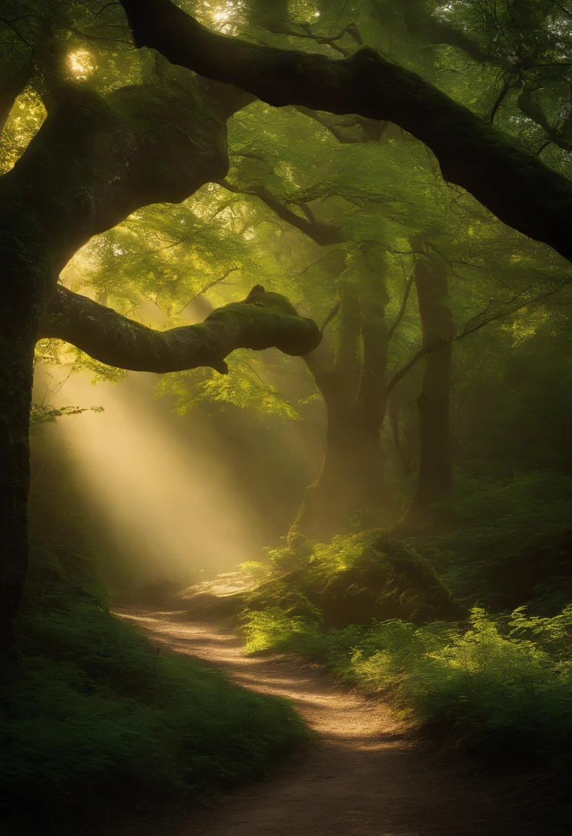 A mystical journey through an ancient forest, where young character meets a wise old man and learn valuable life lessons. iluminador, transformative and magical, encantador, ethereal. outro mundo. misterioso, espiritual e comovente. create an atmosphere of mystery and spiritual depth. profundo, thought-provoking and philosophical, Valuable life lessons learned