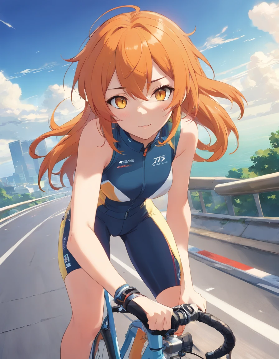 1 female、Orange hair、huge tit、Big ass、Racing Pants、yellow  eyes、Short Bob、Bicycle racing、big thighs、Cycle Helmet、goggles