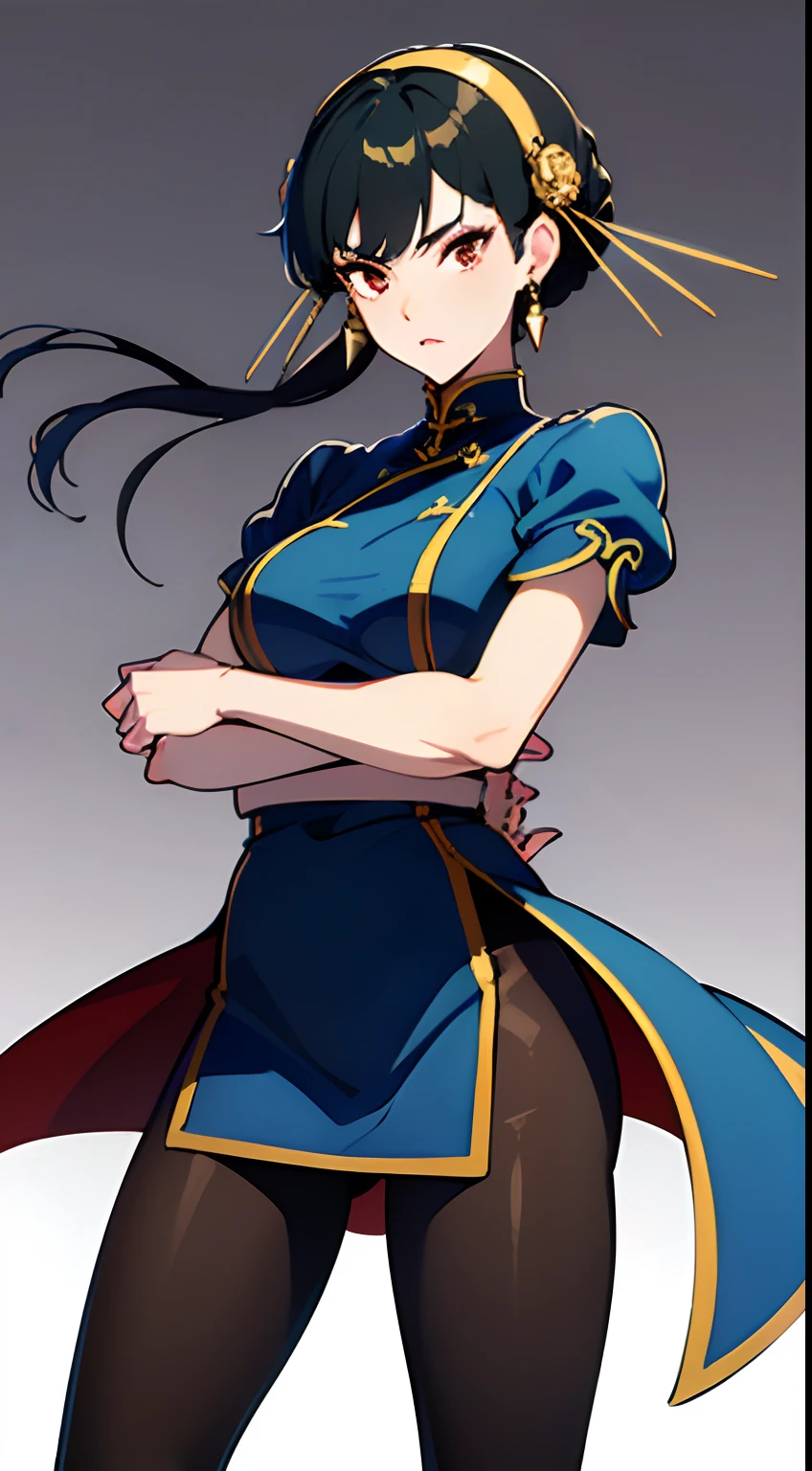 top-quality、masterpiece、hight resolution、1girl in、A slender、skinny thigh、Ayolf、Black hair、short hair with long locks、Gold Hair Band、Red Eyes、Gold Earrings、Jewelry、Light blue cheongsam、pantyhose、With weapons、Low posture、Unleash a kick、ChunLi
