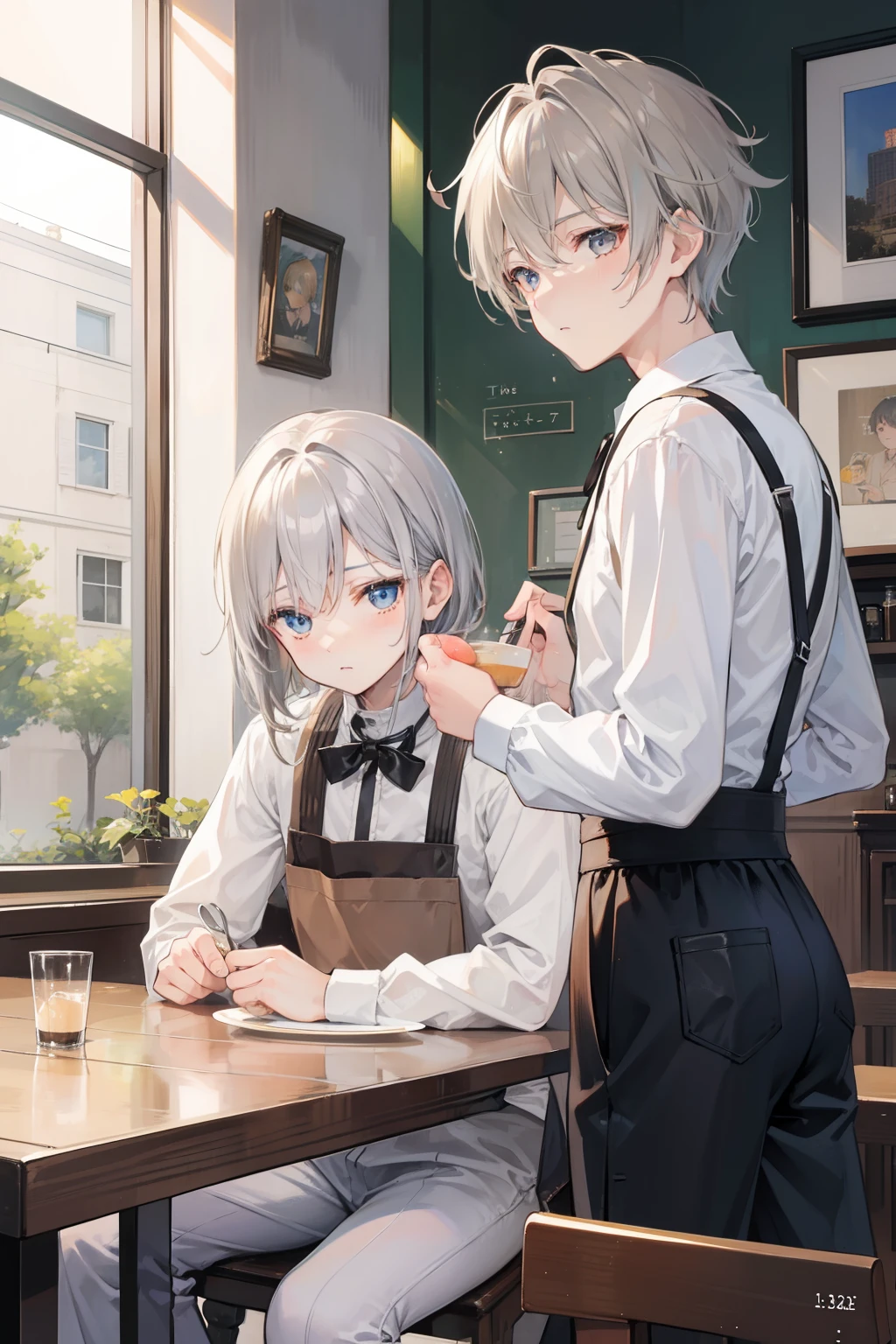 higly detailed, Clarity, 8 How-to, Дуэт Little Boys, 10 years old, light grey hair, shingle, green colored eyes, dressed in old worn-out clothes, 真实感, fentezi,