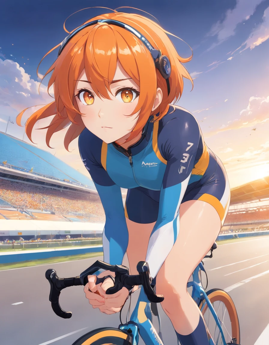1 female、Orange hair、huge tit、Big ass、Racing Pants、yellow eyes、Short Bob、Bicycle racing、big thighs、Cycle Helmet、goggles、Velodrome