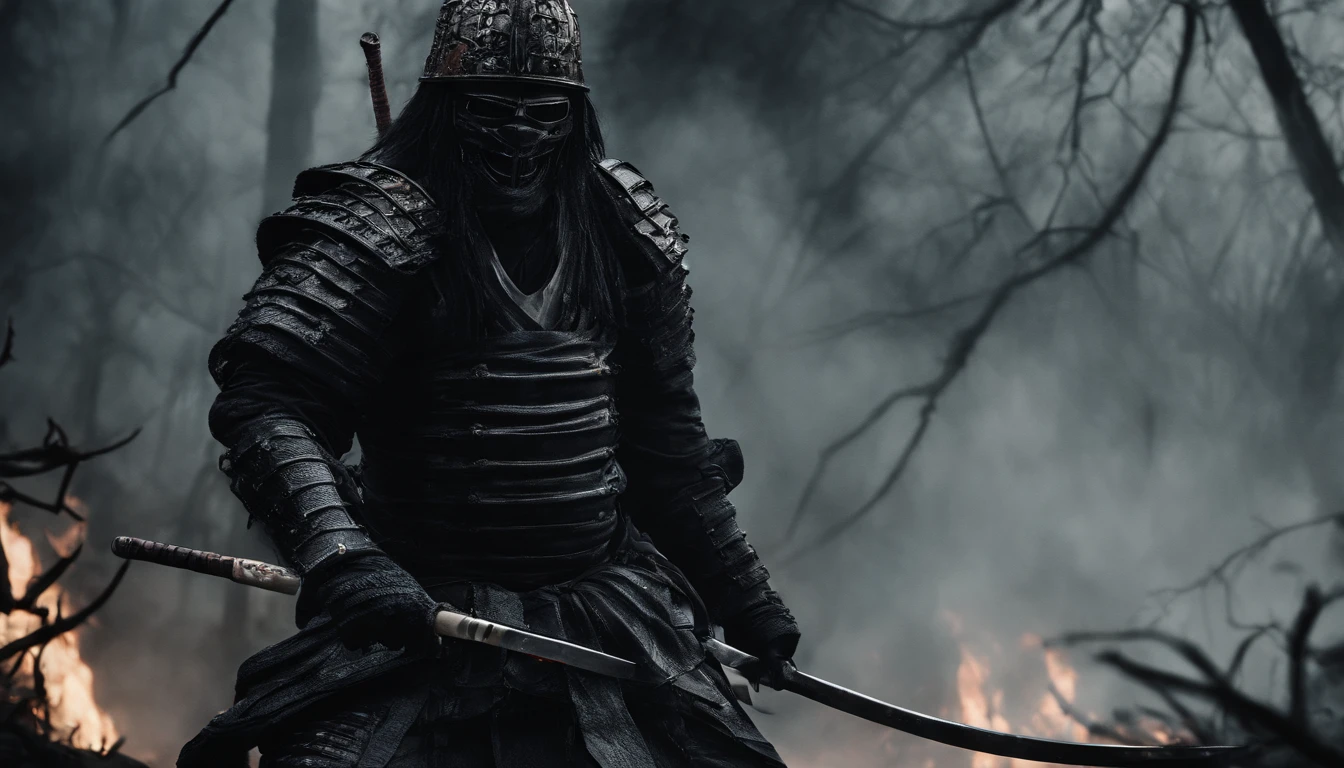 (best quality,4k,8k,A high resolution,master part:1.2),ultra-detalhado,Realistic:1.37,Samurai of Japan's Sengoku period,Use armadura samurai completa,Black Samurai Mask,Segurando uma katana afiada,A strong sense of oppression,olhos vermelhos brilhantes