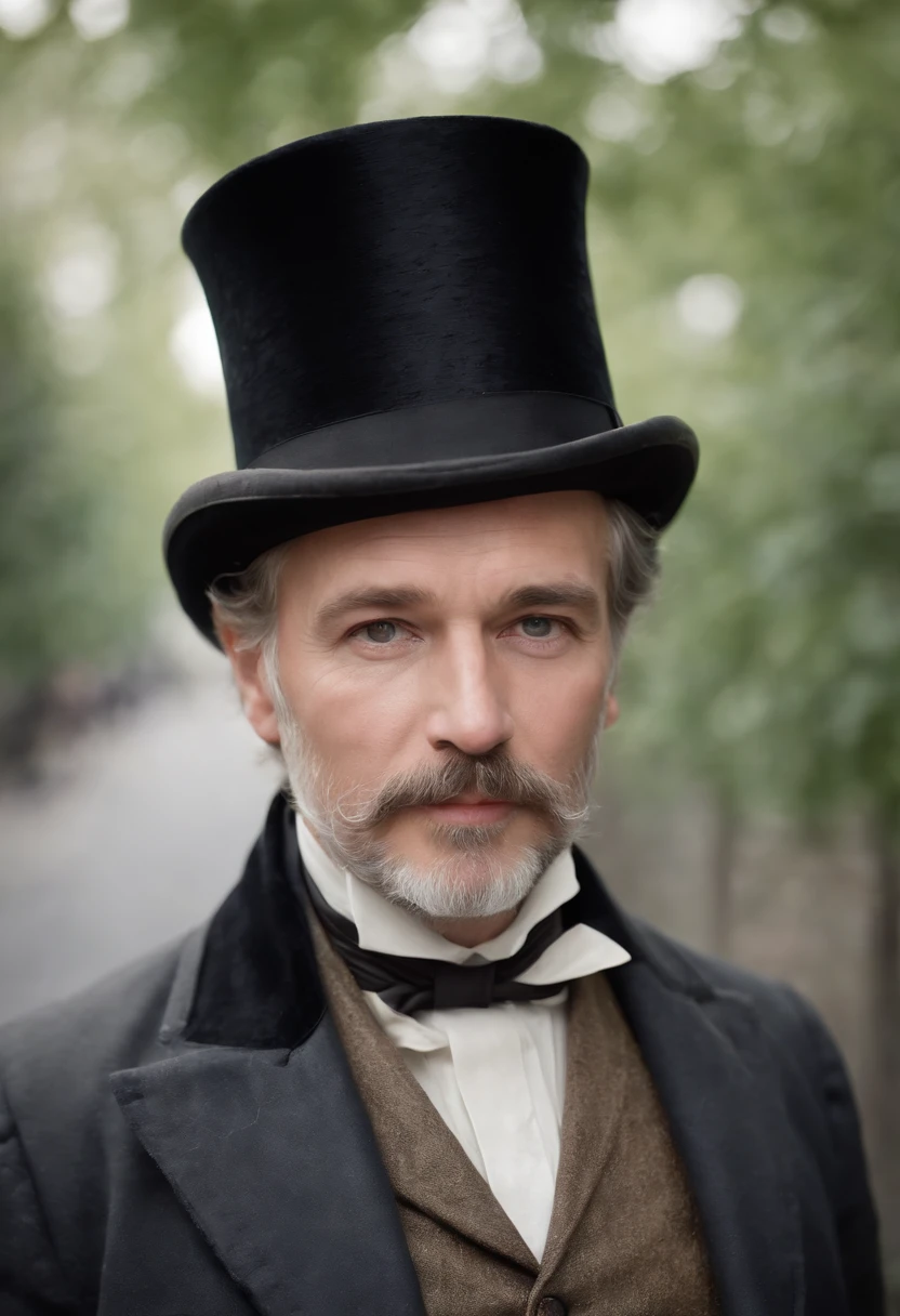 create a gentleman, aged 50, from the 17th or 18th century, with a top hat, beard and mustache, wearing a monocle, period clothing, walking in a street of the time, in the city, full of trees,watercolor technique, poster design, 300 DPI, soft lighting, serene expression, charming atmosphere, bokeh, photo, 8k, clear, dynamic action, realistic style, dreamy, soft focus, clear vignettes, light leaks, medium photography, painting , whimsical, high fidelity photo