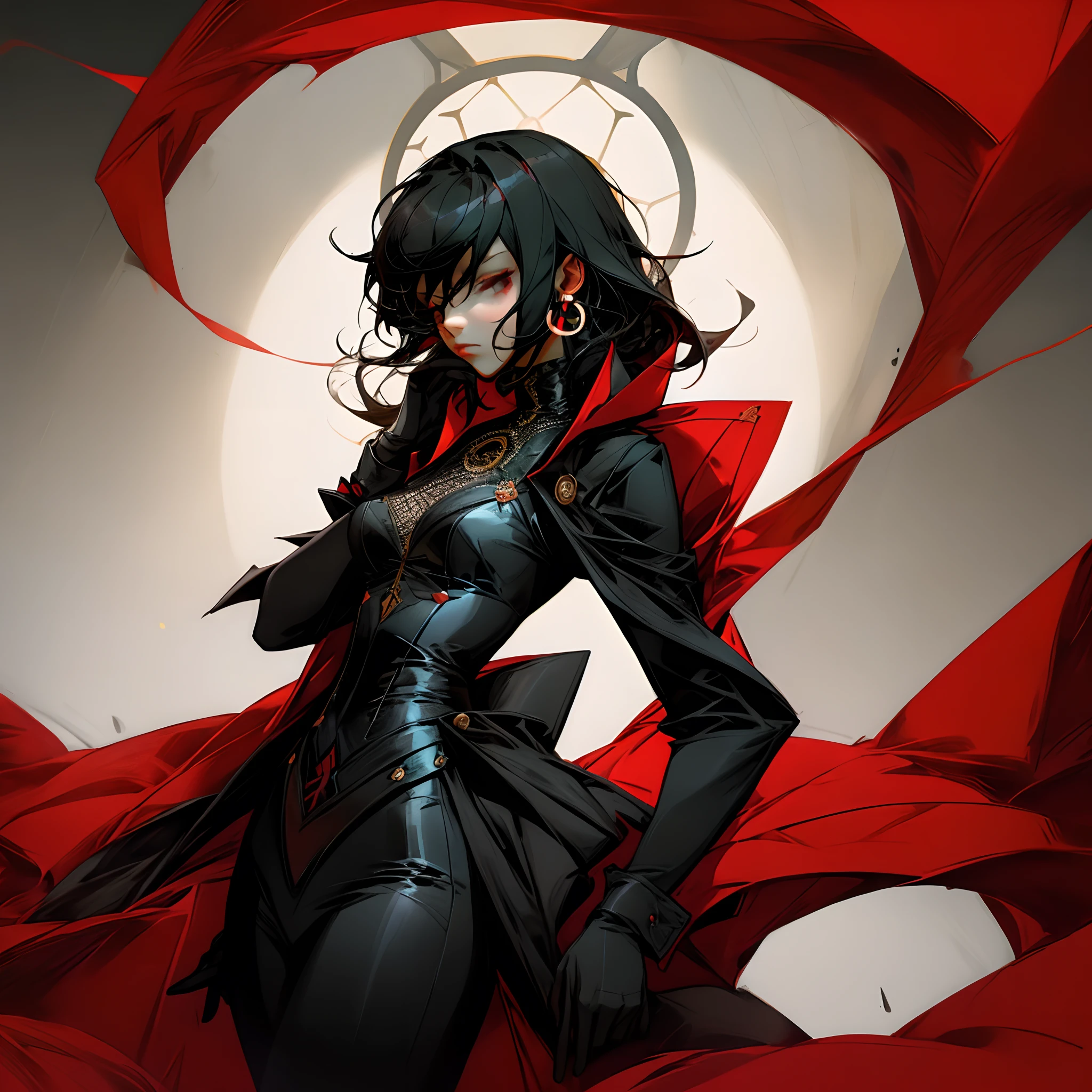 A woman who has short neck length hair, dark eyes, wearing circle shades which are red. Wears black fashionable suits. Red and black dark tone. Rough look