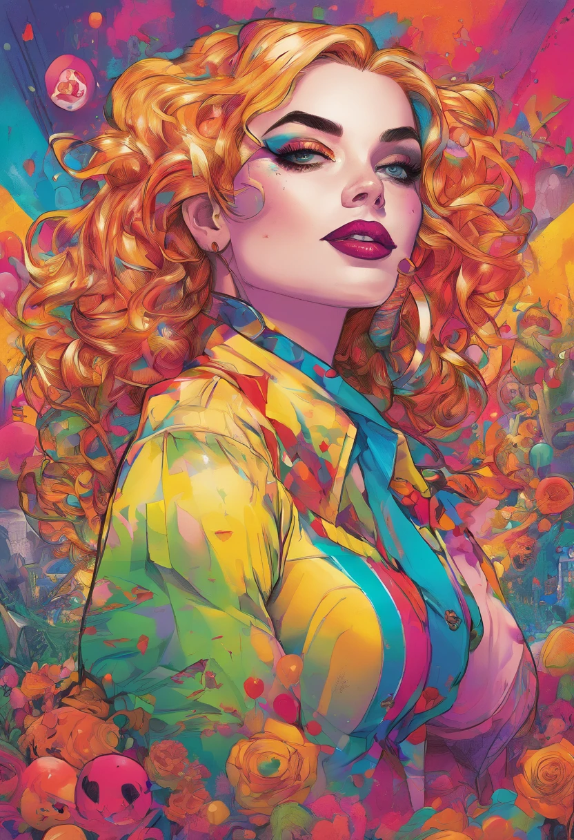 a brightly colored painting of a woman with a clown makeup, portrait of harley quinn, harley quinn, of harley quinn, harley queen, art of alessandro pautasso, vibrant fan art, colourful movie art, vibrant colors hyper realism, vibrant cartoon art, rossdraws cartoon vibrant, margot robbie as harley quinn, neon operator margot robbie, artgerm colorful!!!