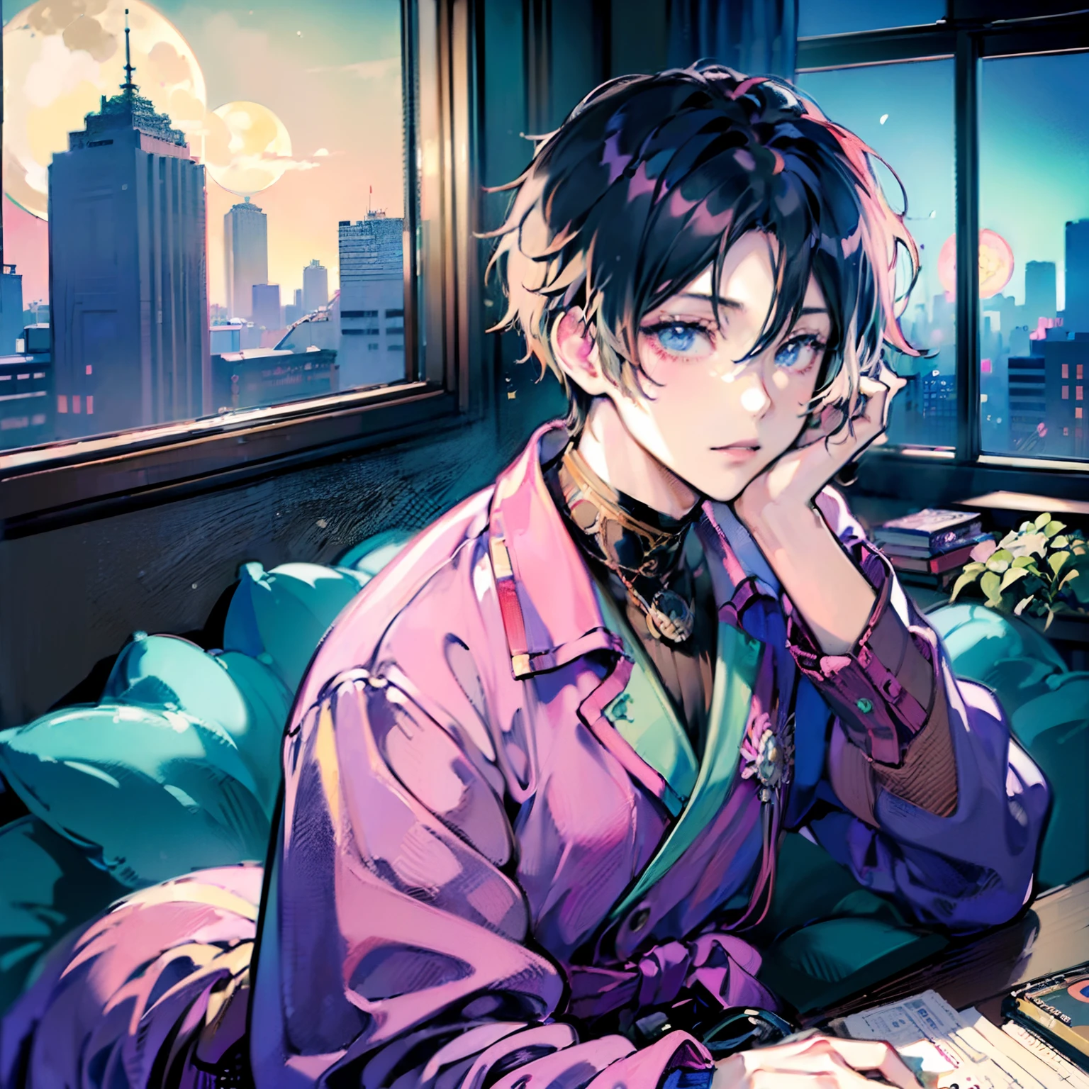 (masutepiece:1.5, Best Quality:1.5), ((Vaporwave Style, partially coloring)),In a cozy apartment, Boy studying alone diligently at desk,dim room,Stylish warm lighting, Coffee on the desk,I can see the moon from the window,Room decorated with plants,sleek design,The face is not clear