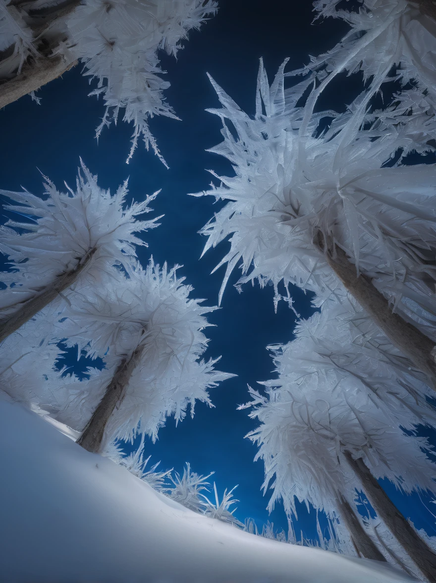 Step into a frozen wonderland with this captivating photograph showcasing delicate rime ice formations that transform the landscape into a mesmerizing and otherworldly scene. The composition captures the intricate and ethereal beauty of the ice crystals clinging to trees and rocks, creating a surreal and dreamlike atmosphere. The use of lighting and composition enhances the visual impact, evoking a sense of awe and wonder. Photographed by renowned nature photographer Art Wolfe.