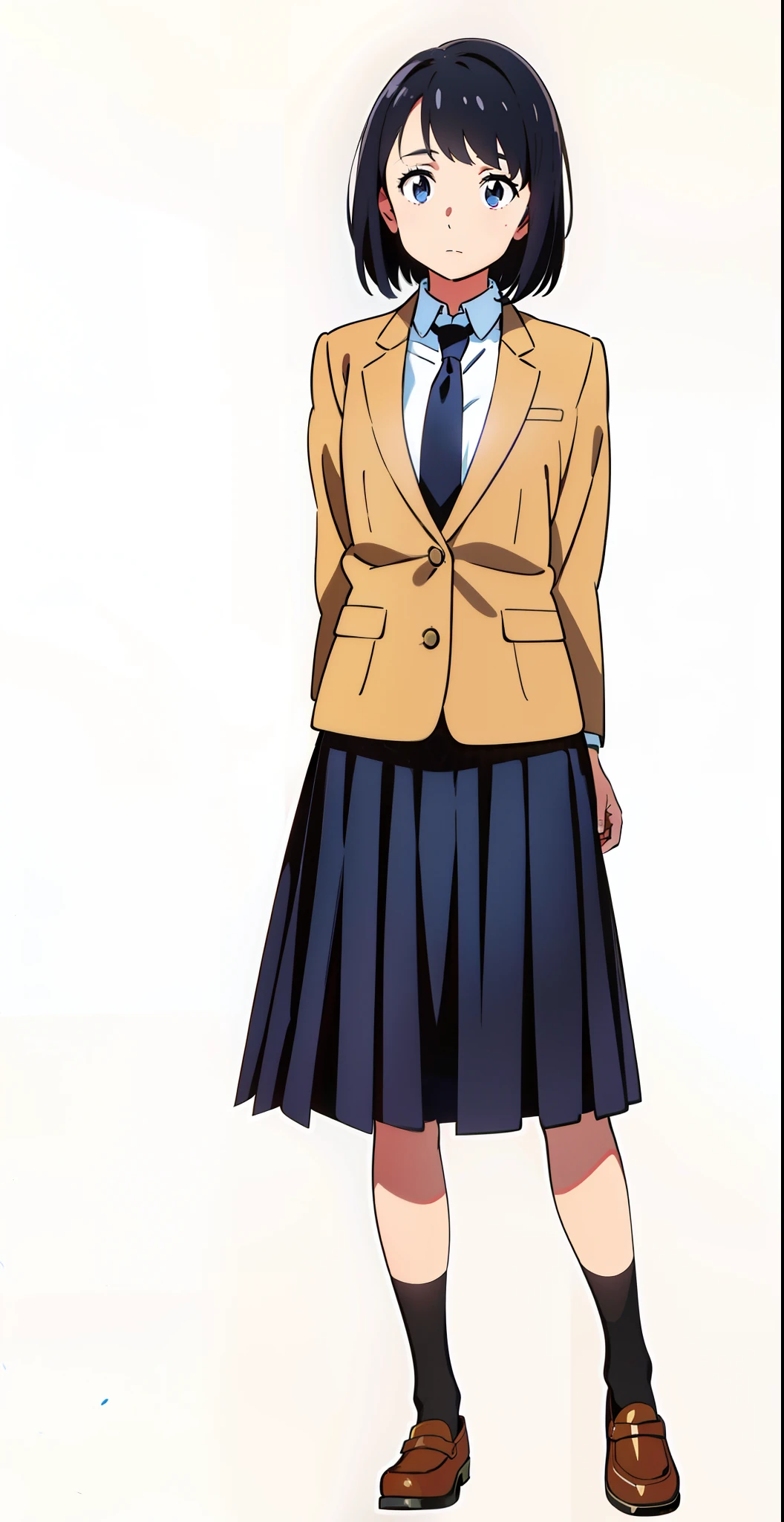(arms behind back:1.2), (white background:1.1), (best quality:1.1), (masterpiece:1.1), (full body:1.0), (solo:1.0), (a 18yo cute girl:1.0), (long skirt:0.9), (dark blue skirt:1.0), (pleated skirt:1.0), (school uniform beige blazer:1.0), (dark blue necktie:1.0), (black socks:1.0), (loafers:1.0), (lanky:1.1), (tall:1.1), (slender:1.1), (small breasts:1.1), (detailed beautiful eyes:1.0), (detailed beautiful face:1.0), (glowing black eyes:1.0), (short hair:1.0), (strait hair:1.0), (black hair:1.0)