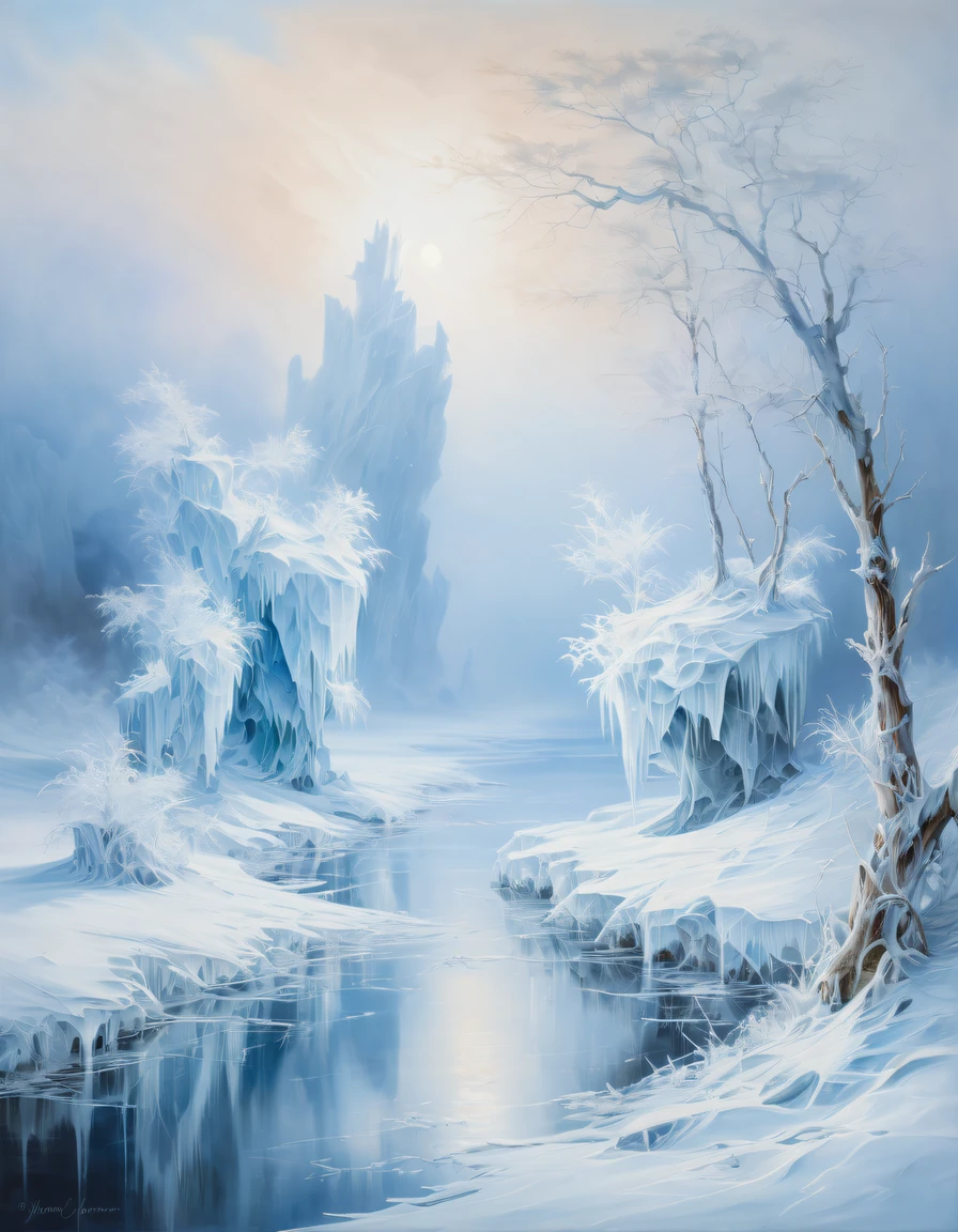 Immerse yourself in a winter wonderland with this captivating painting featuring rime ice that creates a mystical and enchanting atmosphere, transforming the landscape into a work of art. The composition captures the ethereal beauty of the ice formations, with delicate brushstrokes and a soft color palette evoking a sense of tranquility and serenity. The use of light and shadow adds depth and dimension to the painting, inviting viewers to explore the enchanting world of rime ice. Painted by renowned landscape artist J.M.W. Turner.